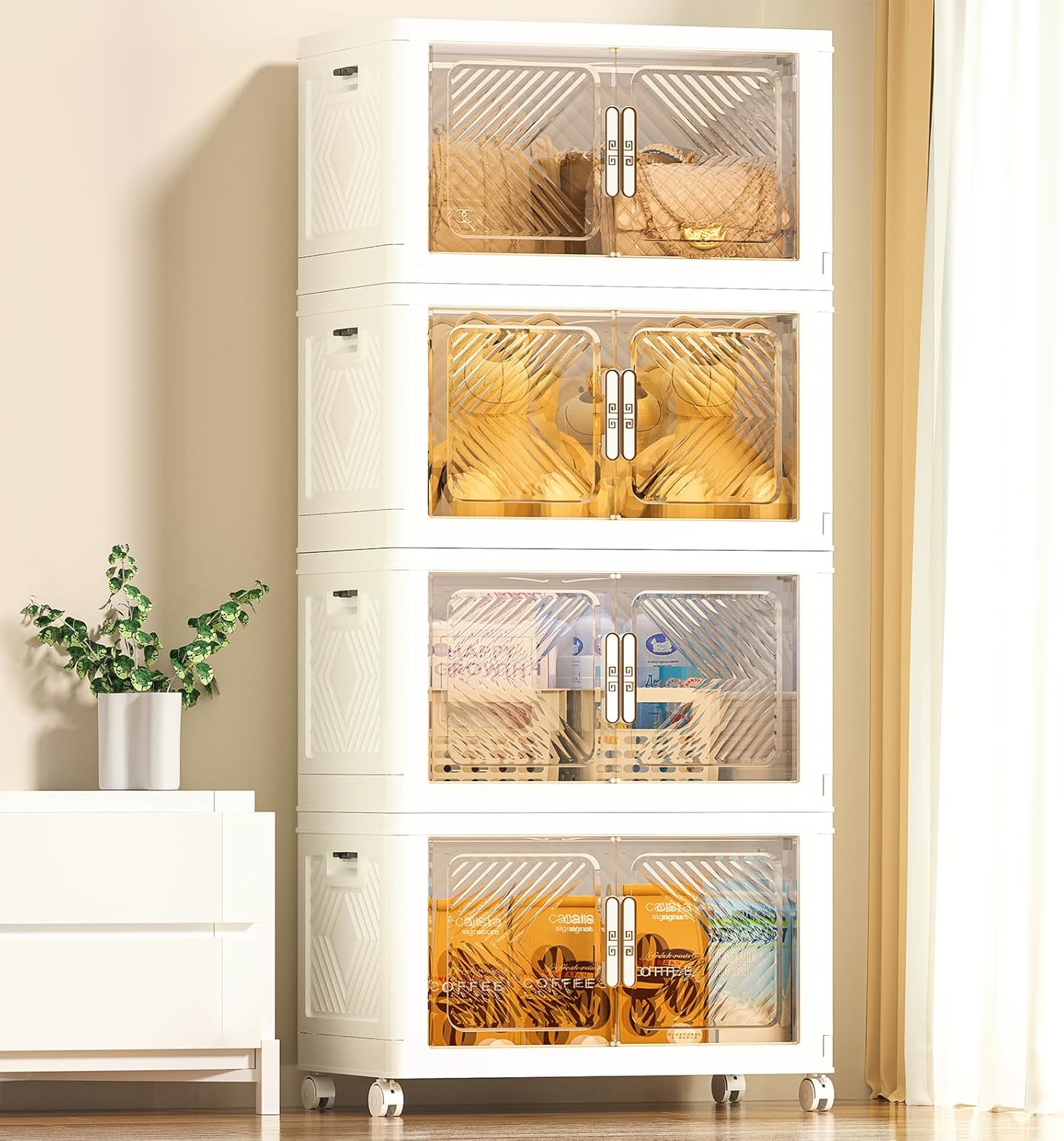 Storage Bins Storage Containers with Wheels and Magnetic Doors, Plastic Clothes Closet Organizers and Storage Box for Home and Office