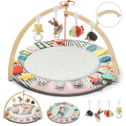 PRVAETU Wooden Baby Gym Play Mat, Foldable Tummy Time Playmat W/ 7 Detachable Toys for Infant Newborn Toddler Motor Skills Sensory Development