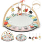 PRVAETU Wooden Baby Gym Play Mat, Foldable Tummy Time Playmat W/ 7 Detachable Toys for Infant Newborn Toddler Motor Skills Sensory Development