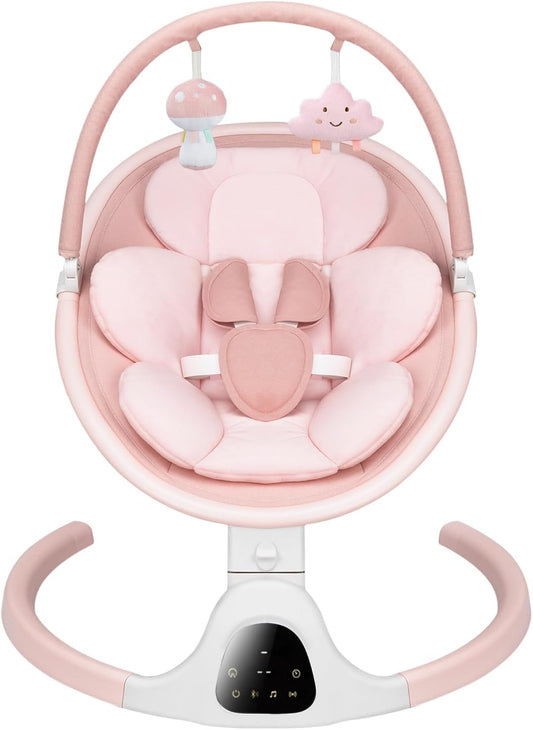 PRVAETU Baby Swing for Newborn Infants, Bluetooth Enabled, 5 Adjustable Speeds, Soothing Melodies & 5-Point Safety Harness,Pink