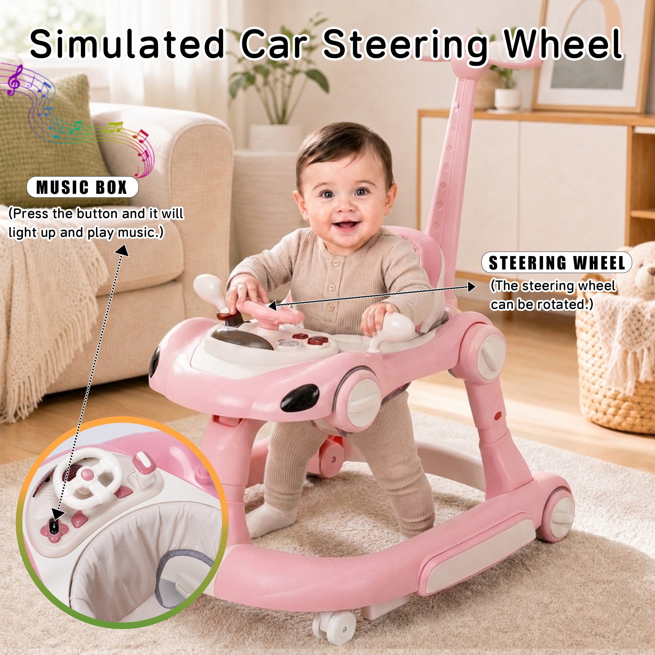 SIYI-Baby walker Baby Walker 5-in-1 for 6-18 Months Toddler, Interactive Sit-to-Stand Learning Walker with Music Lights, Bounce Panel, Lockable Wheels,