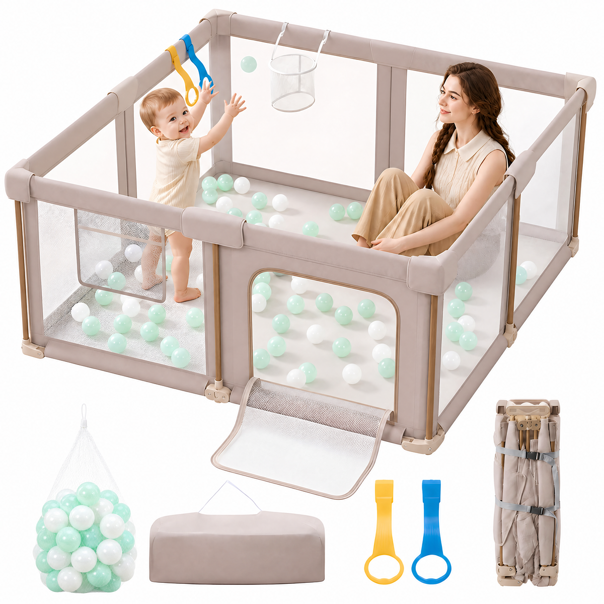 PRVAETU Foldable Baby Playpen with 50 Ocean Balls,Collapsible Play Pen for Babies and Toddlers,Khaki