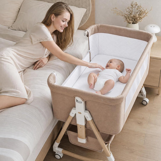 PRVAETU Baby Bassinet, 3-in-1 Baby Bassinet Bedside Sleeper with Wheels, Adjustable Easy Folding Portable Rocking Crib for Infant Newborn (Khaki)