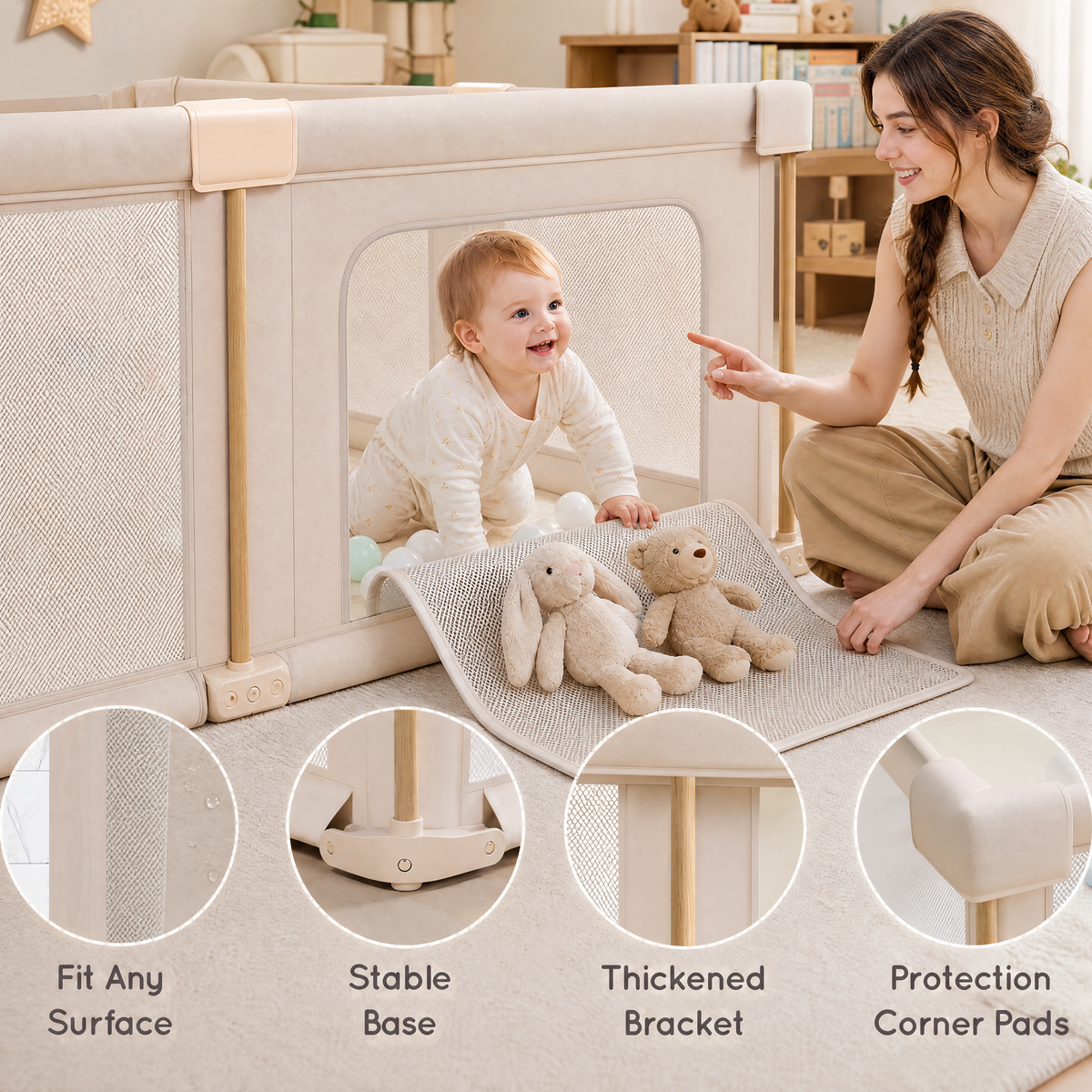 PRVAETU Foldable Baby Playpen with 50 Ocean Balls,Collapsible Play Pen for Babies and Toddlers,Khaki