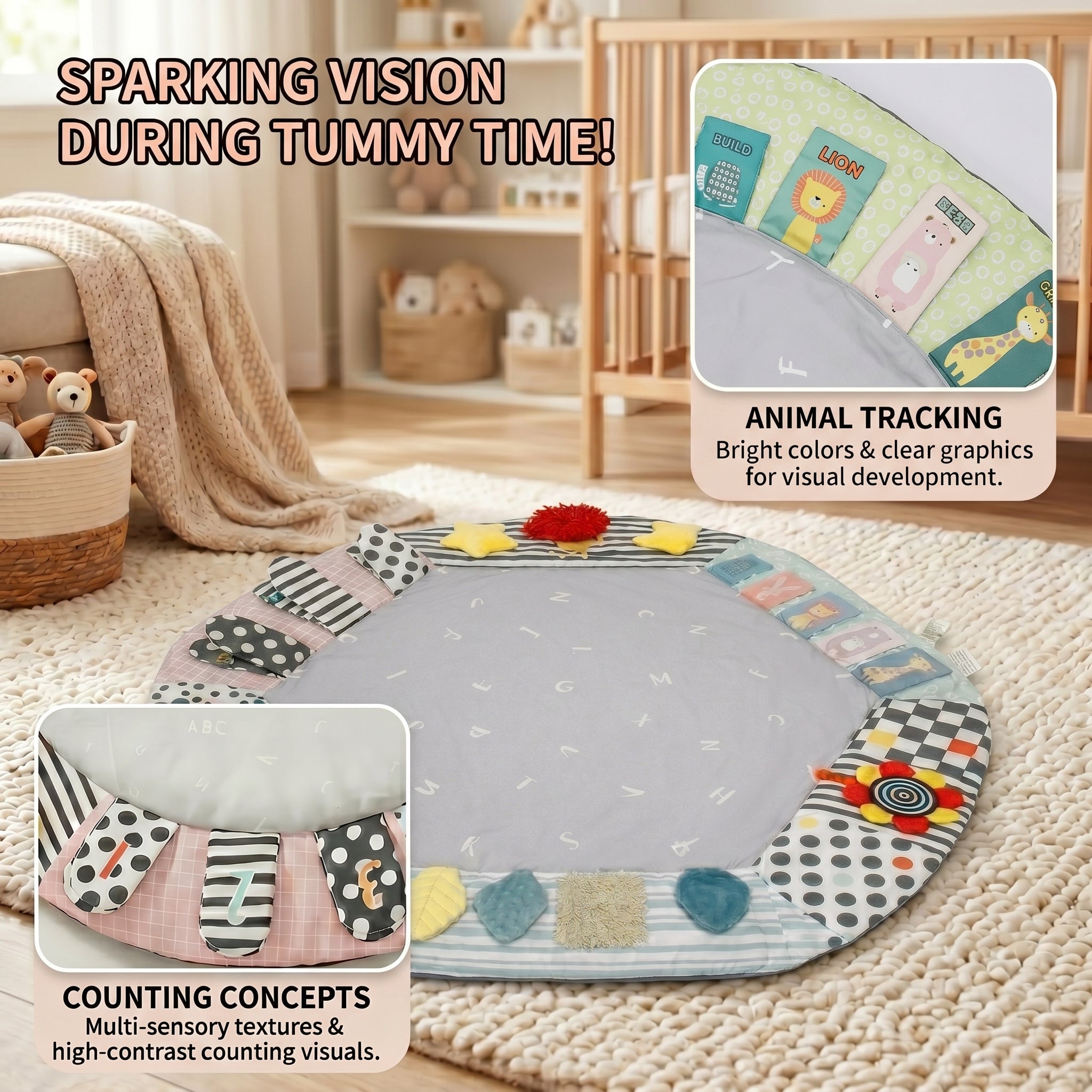 SY-Baby Play Mat with Wooden Play Gym and Detachable Sensory Toys for Infants, Tummy Time Activity Mat, Newborn Baby Gift