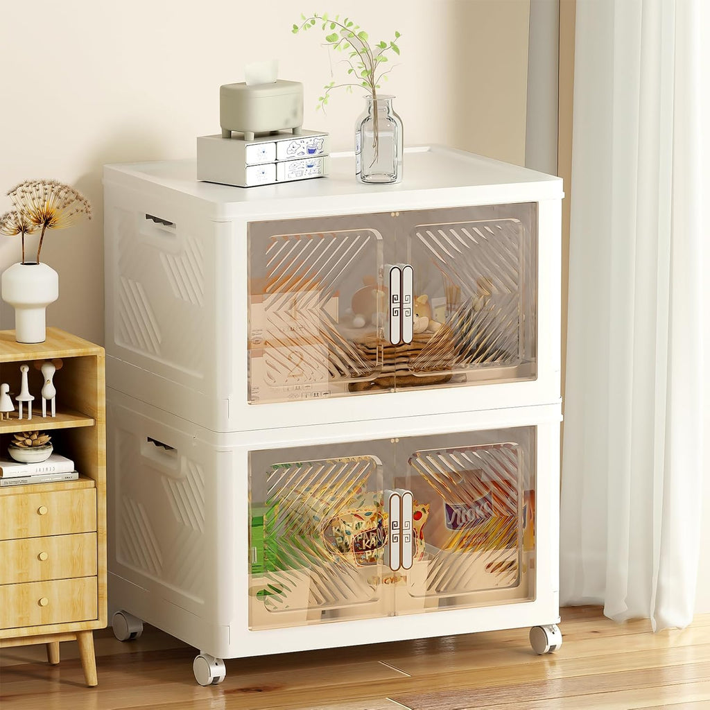 Storage Bins Storage Containers with Wheels and Magnetic Doors, Plastic Clothes Closet Organizers and Storage Box for Home and Office
