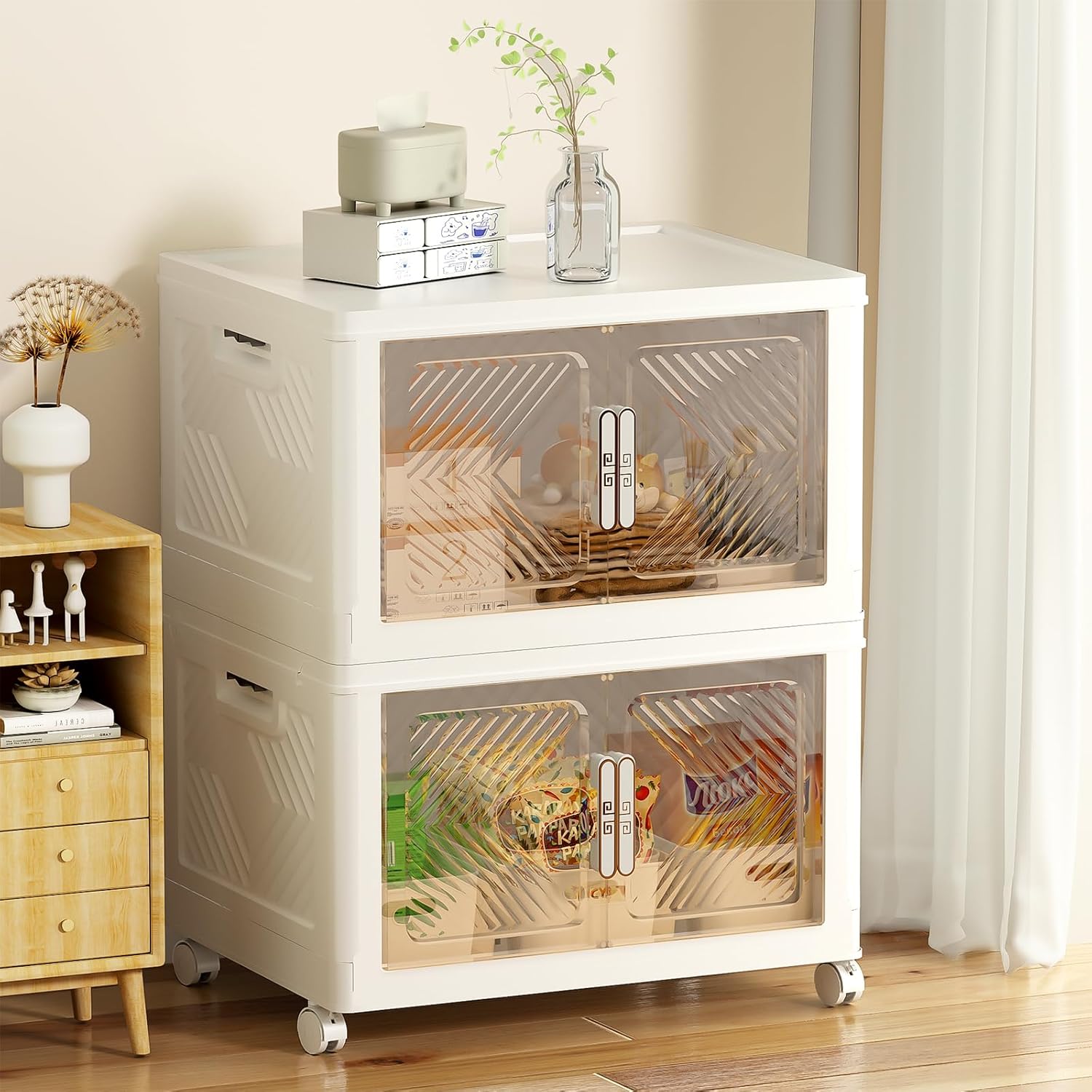 Storage Bins Storage Containers with Wheels and Magnetic Doors, Plastic Clothes Closet Organizers and Storage Box for Home and Office