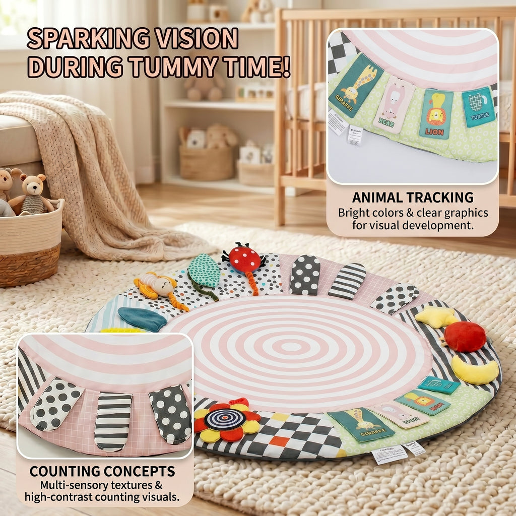 SY-Baby Play Mat with Wooden Play Gym and Detachable Sensory Toys for Infants, Tummy Time Activity Mat, Newborn Baby Gift