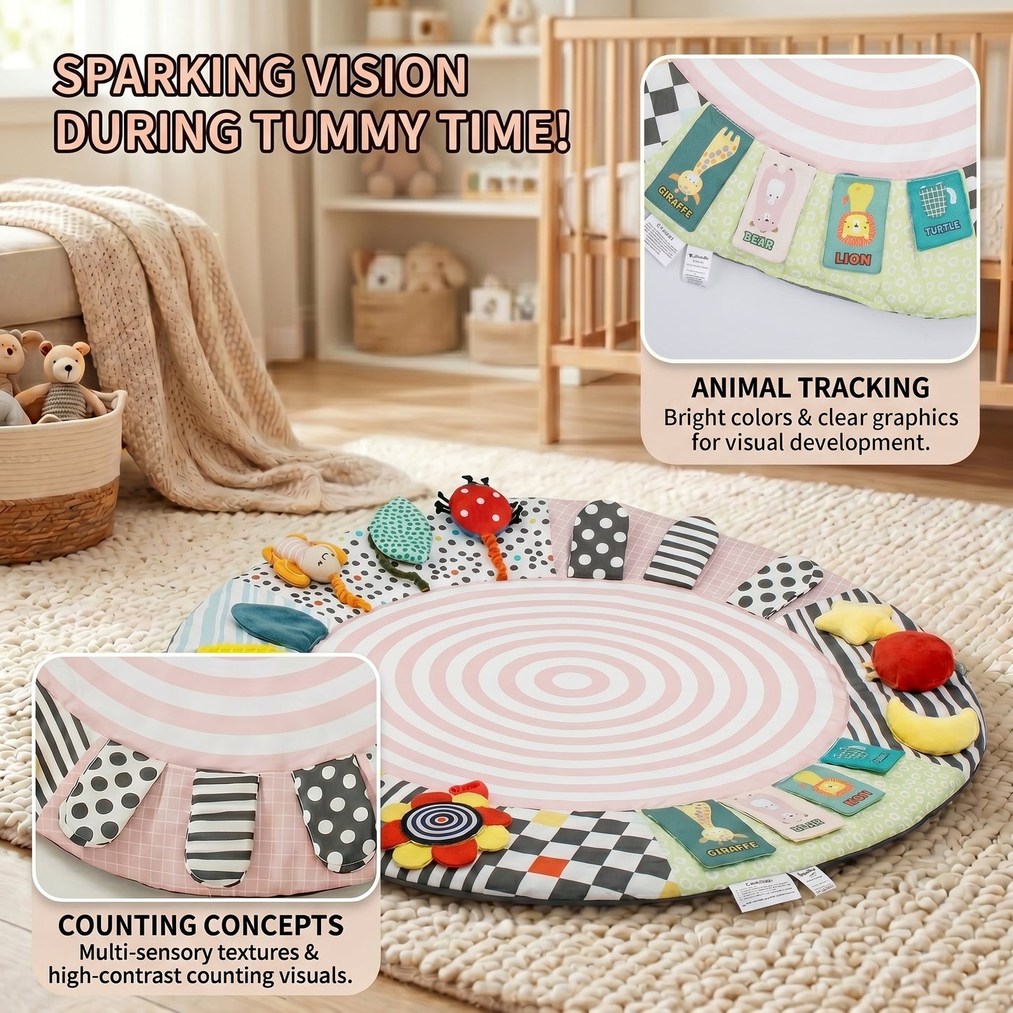 SY-Baby Play Mat with Wooden Play Gym and Detachable Sensory Toys for Infants, Tummy Time Activity Mat, Newborn Baby Gift