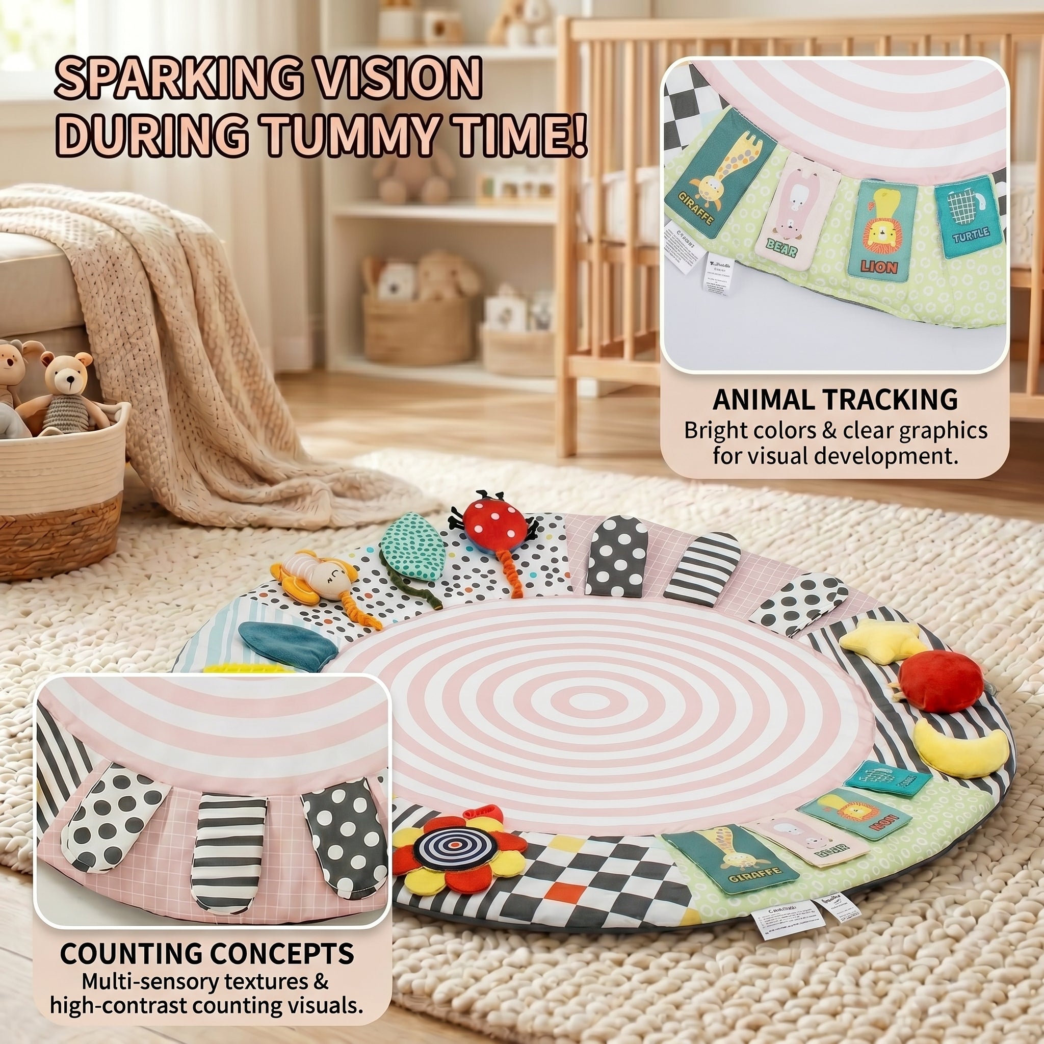 SY-Baby Play Mat with Wooden Play Gym and Detachable Sensory Toys for Infants, Tummy Time Activity Mat, Newborn Baby Gift