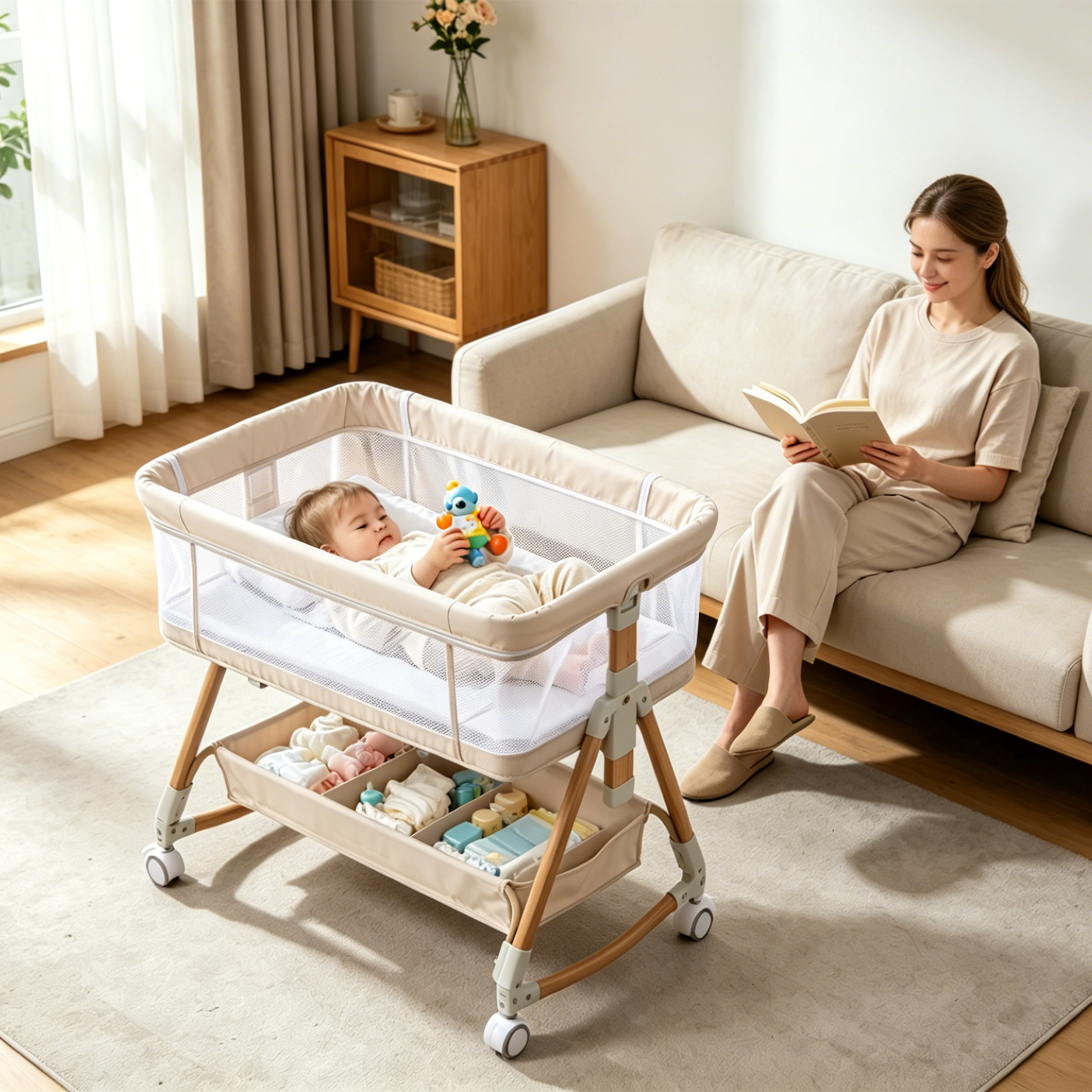 605 baby bassinet  Baby Bassinet, 3-in-1 Baby Bassinet Bedside Sleeper,Rocking Crib with Wheels, Adjustable Easy Folding Portable for Infant Newborn