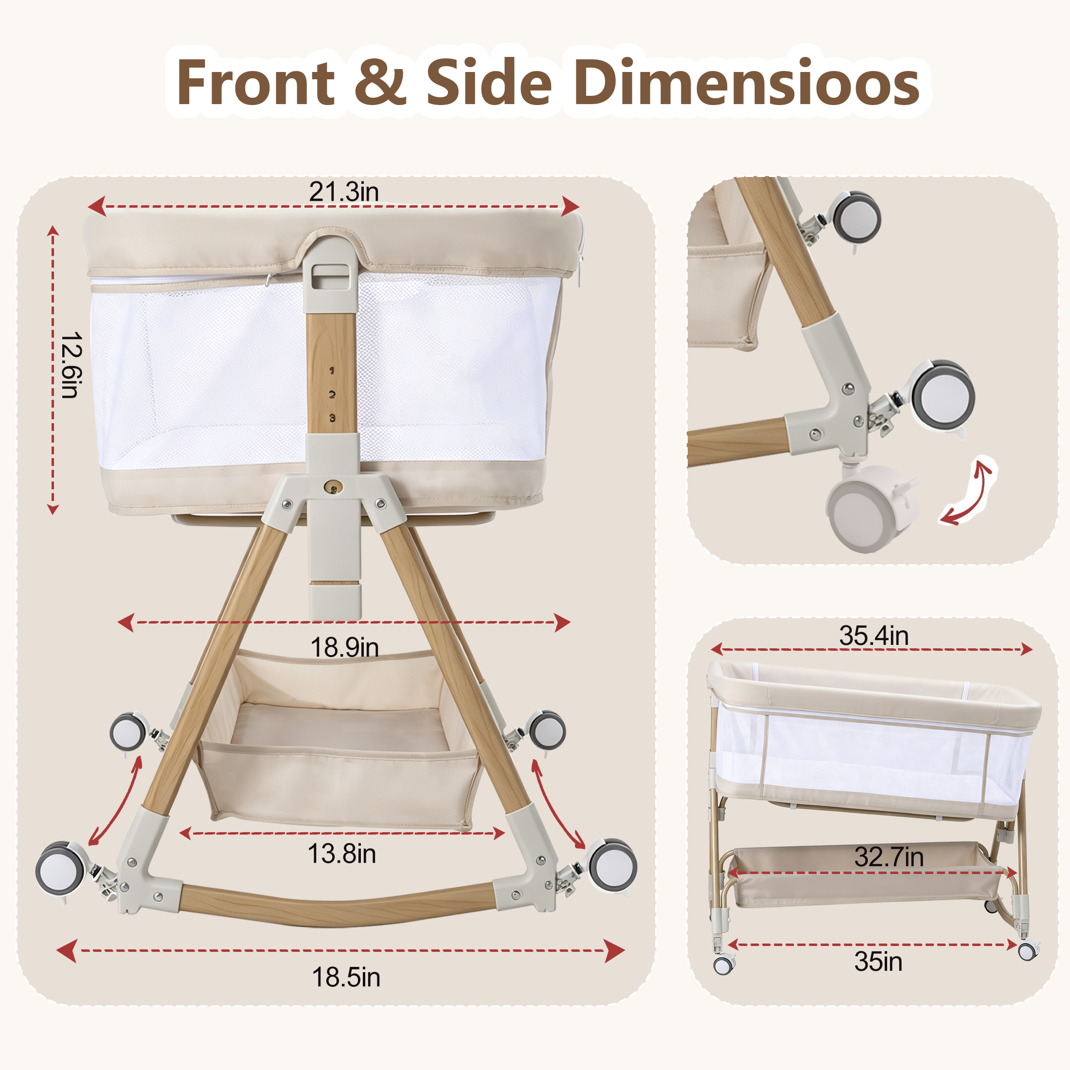 PRVAETU Baby Bassinet, 3-in-1 Baby Bassinet Bedside Sleeper with Wheels, Adjustable Easy Folding Portable Rocking Crib for Infant Newborn (Khaki)