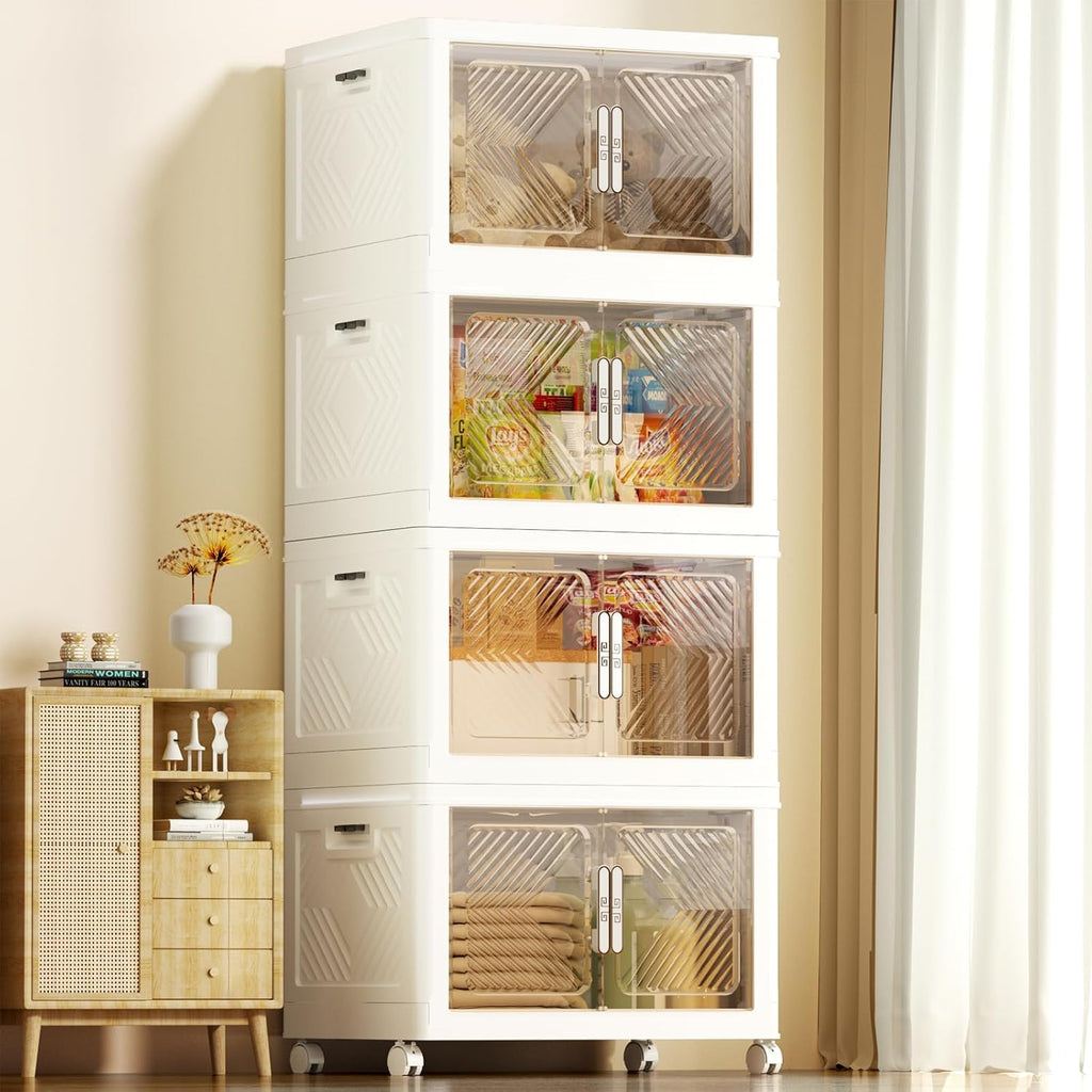 Storage Bins Storage Containers with Wheels and Magnetic Doors, Plastic Clothes Closet Organizers and Storage Box for Home and Office