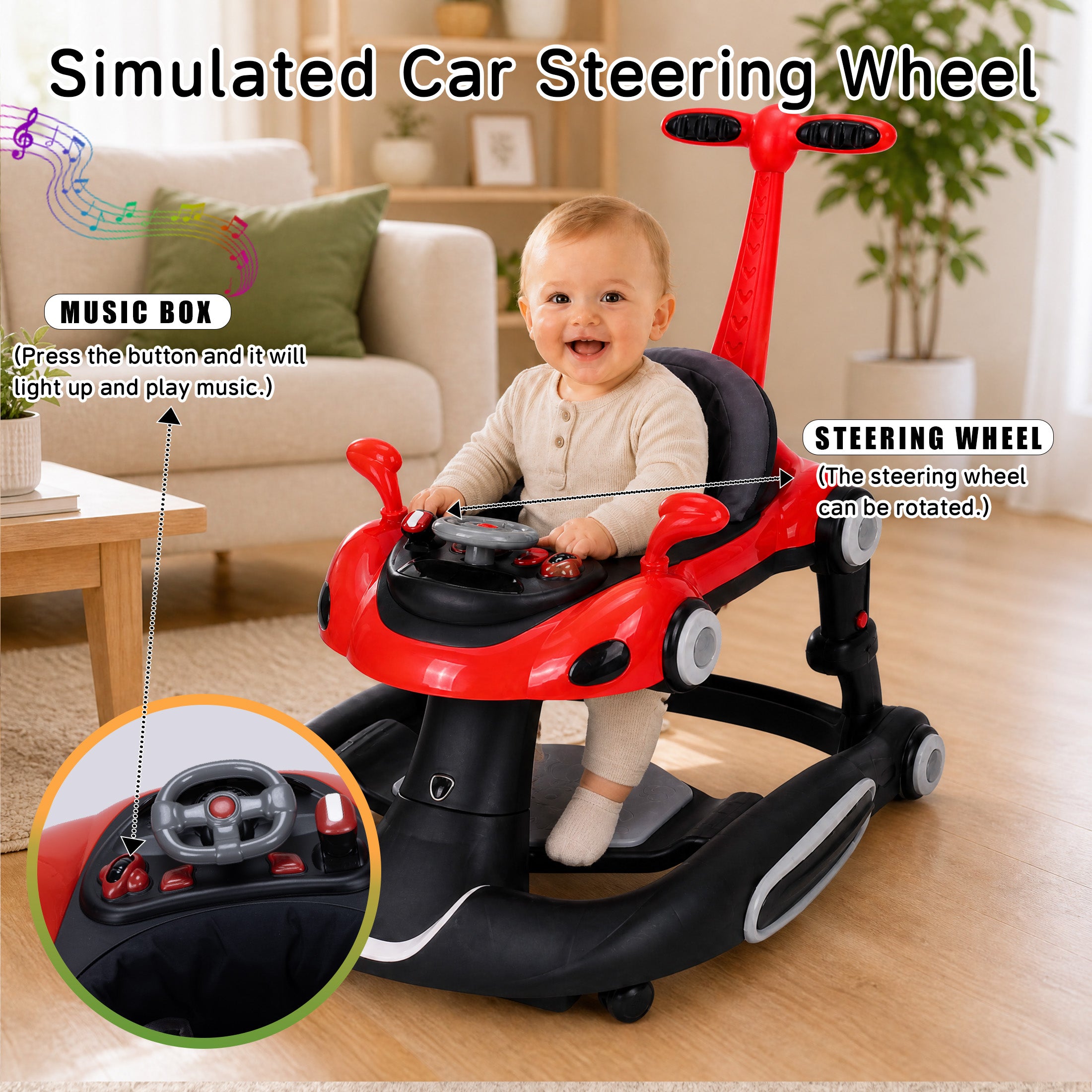 SIYI-Baby walker Baby Walker 5-in-1 for 6-18 Months Toddler, Interactive Sit-to-Stand Learning Walker with Music Lights, Bounce Panel, Lockable Wheels,