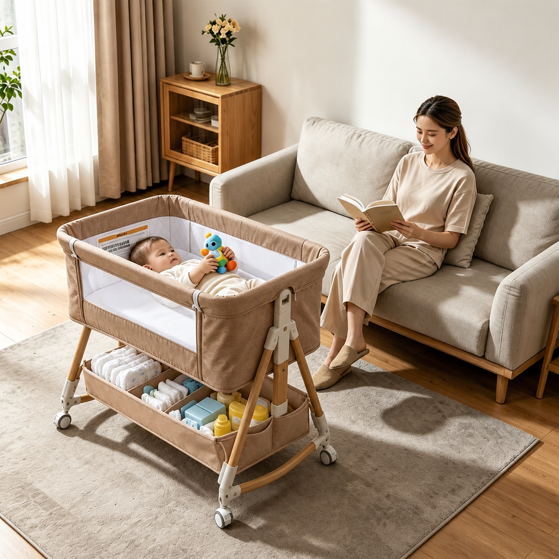 605 baby bassinet  Baby Bassinet, 3-in-1 Baby Bassinet Bedside Sleeper,Rocking Crib with Wheels, Adjustable Easy Folding Portable for Infant Newborn