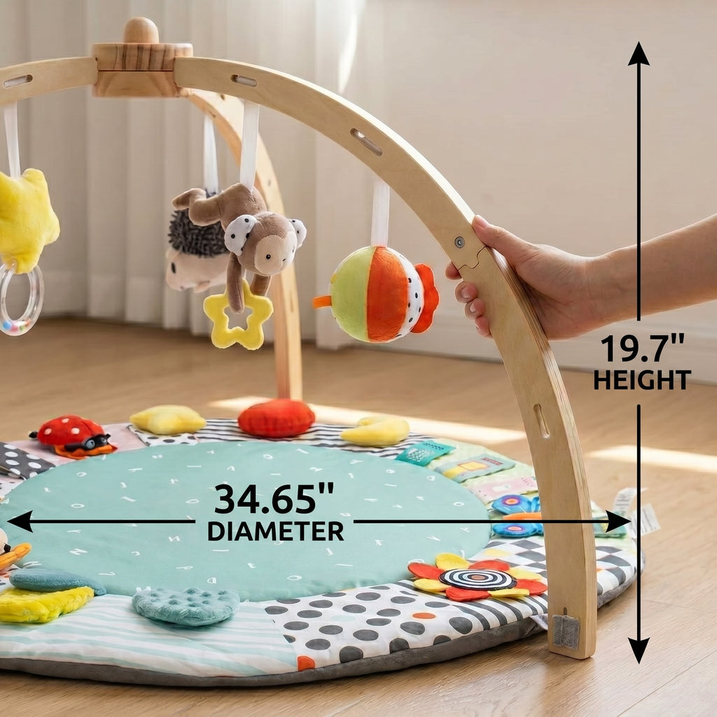 SY-Baby Play Mat with Wooden Play Gym and Detachable Sensory Toys for Infants, Tummy Time Activity Mat, Newborn Baby Gift