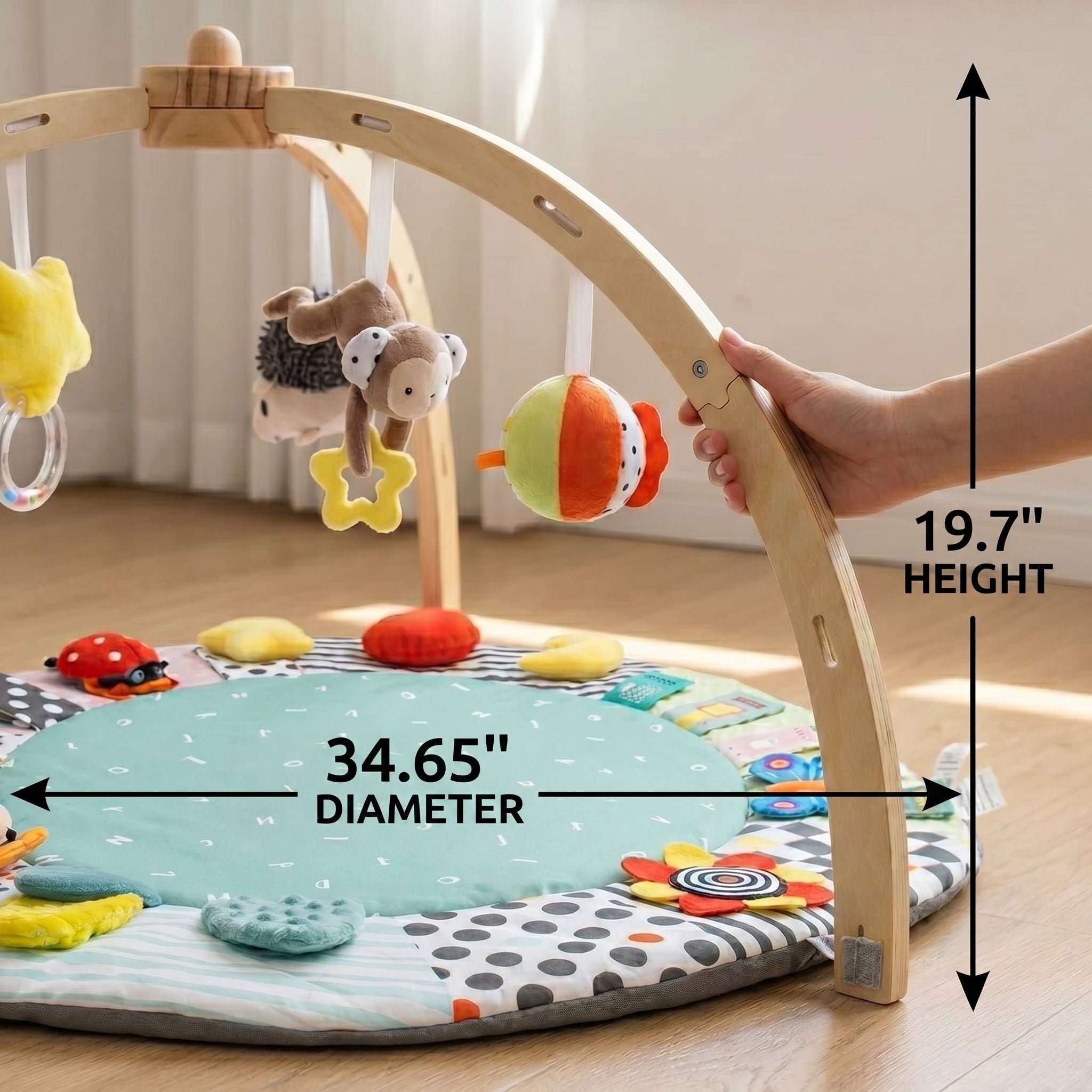 SY-Baby Play Mat with Wooden Play Gym and Detachable Sensory Toys for Infants, Tummy Time Activity Mat, Newborn Baby Gift