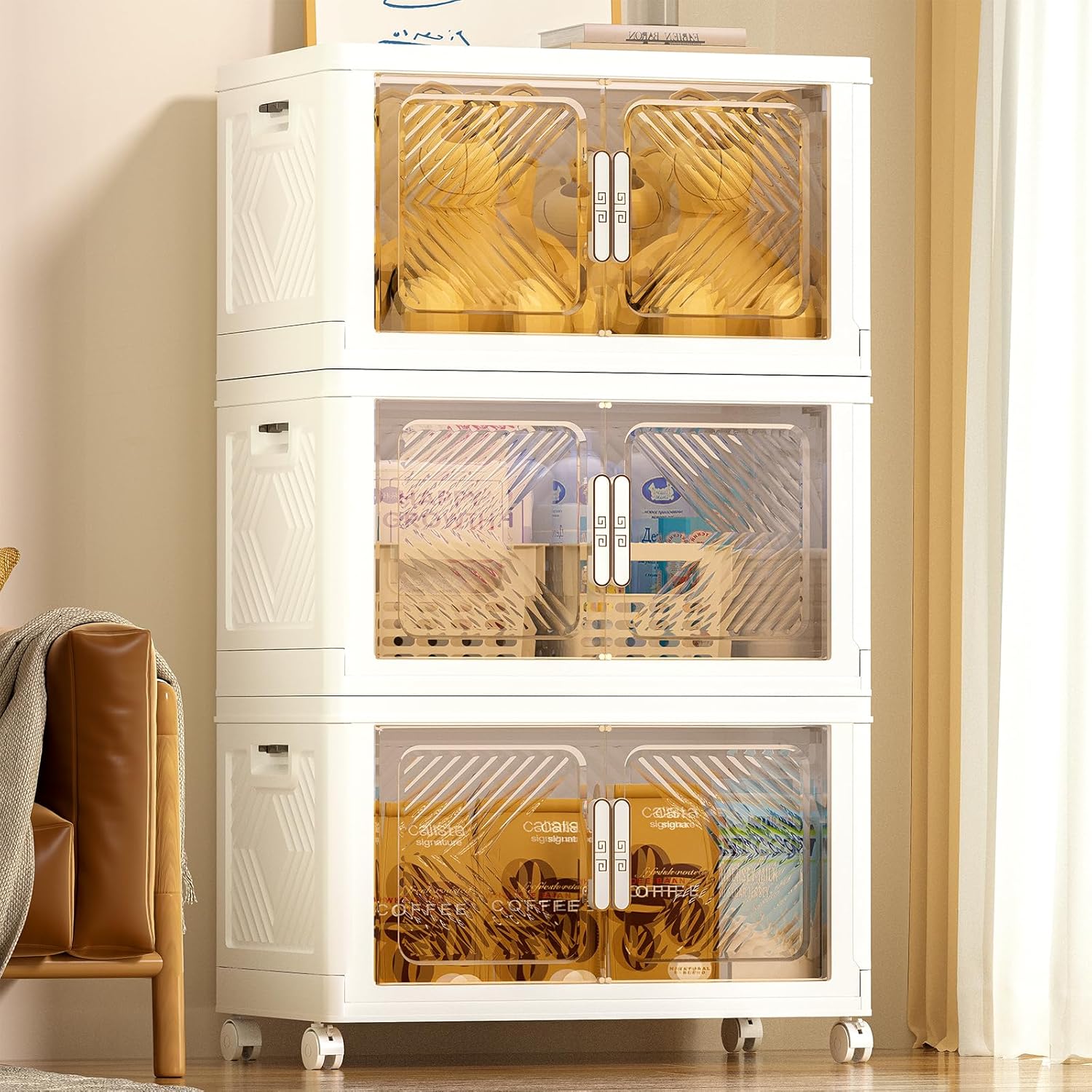 Storage Bins Storage Containers with Wheels and Magnetic Doors, Plastic Clothes Closet Organizers and Storage Box for Home and Office