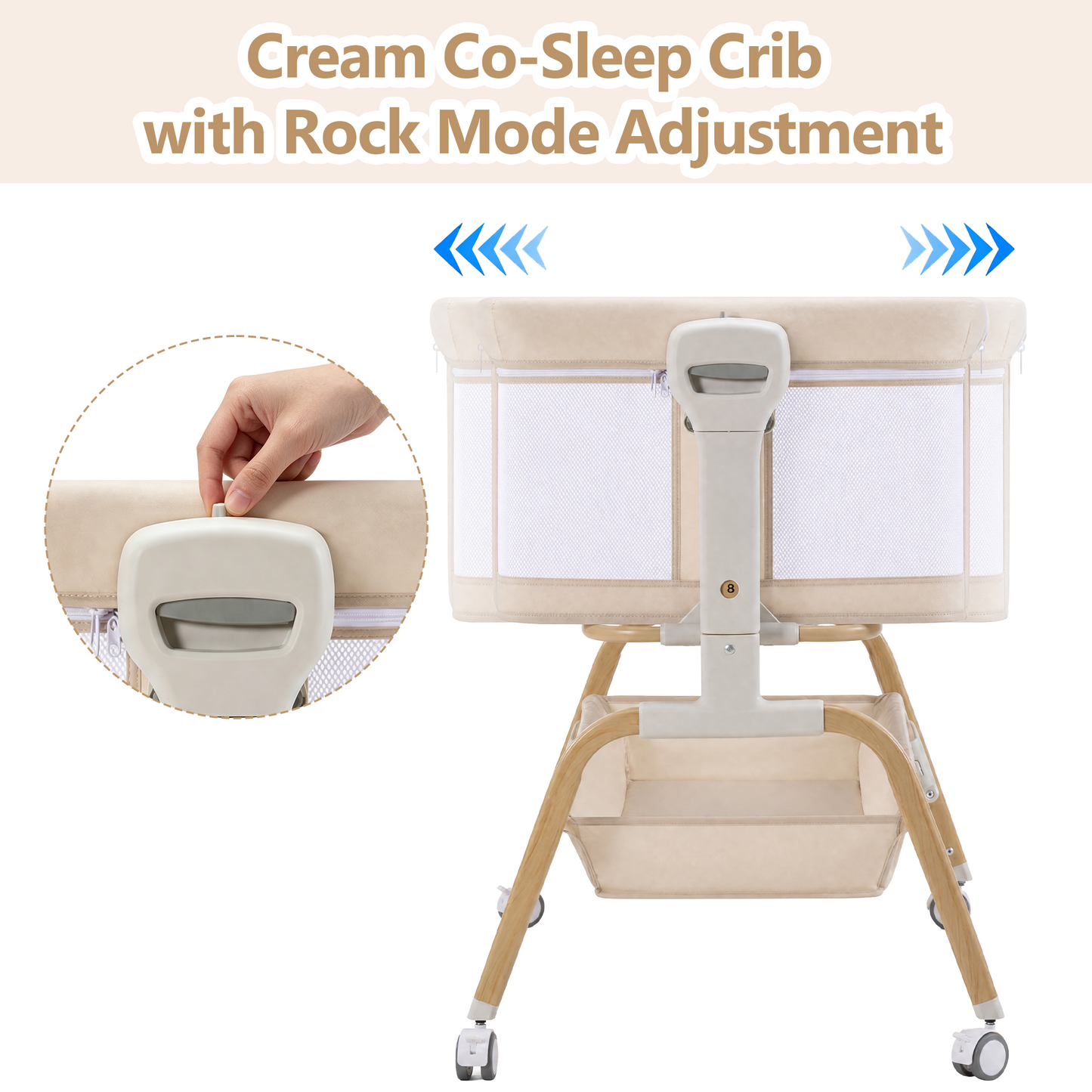 PRVATEU 4-in-1 Baby Bassinet Bedside Sleeper with Rocking Mode,8 Adjustable Heights,Wheels and Storage Basket,Beige