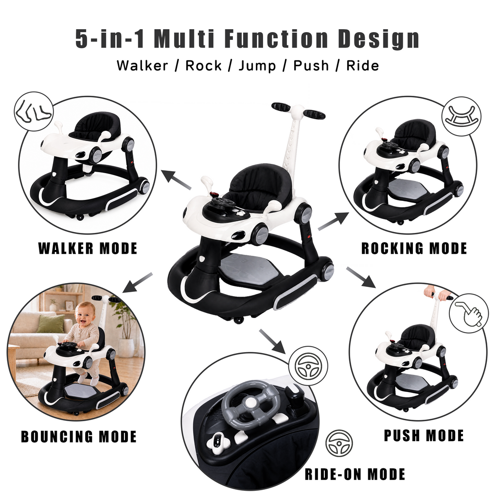 PRVAETU 5 in 1 Baby Walker for Boys Girls,Foldable,Music,Light,Jumper,Rocking,Push,Height Adjustable Training Activity for Babies Infant 6-18 Months