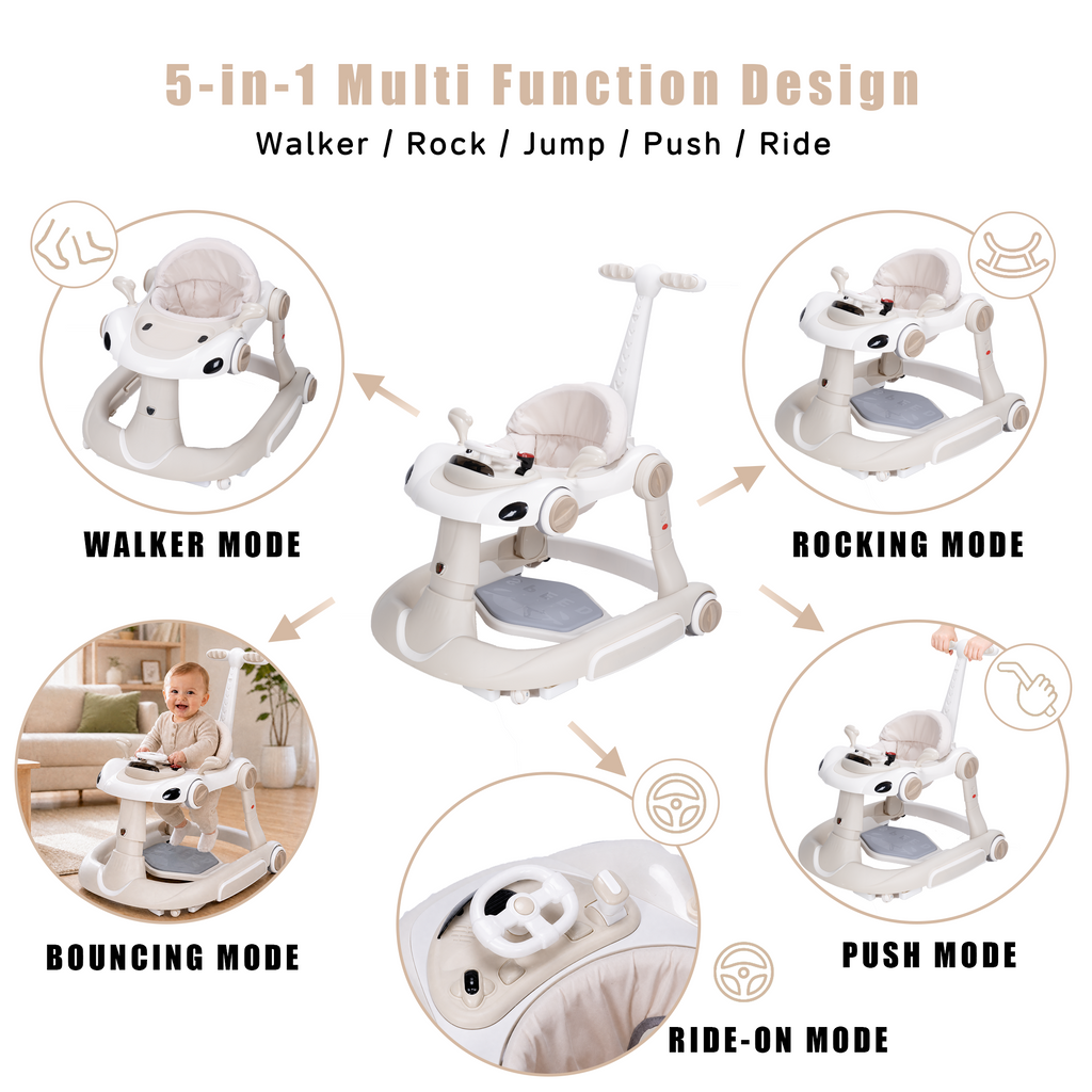 PRVAETU 5 in 1 Baby Walker for Boys Girls,Foldable,Music,Light,Jumper,Rocking,Push,Height Adjustable Training Activity for Babies Infant 6-18 Months