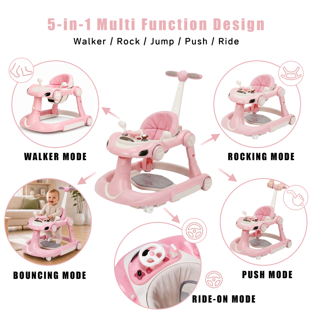 PRVAETU 5 in 1 Baby Walker for Boys Girls,Foldable,Music,Light,Jumper,Rocking,Push,Height Adjustable Training Activity for Babies Infant 6-18 Months