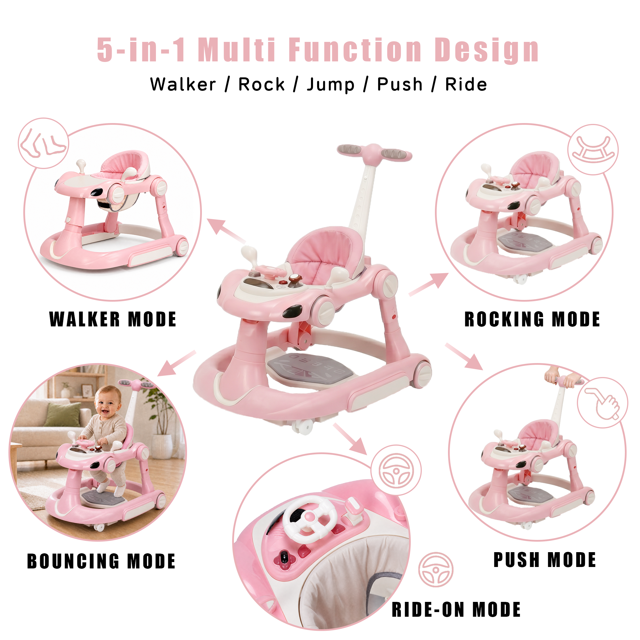 PRVAETU 5 in 1 Baby Walker for Boys Girls,Foldable,Music,Light,Jumper,Rocking,Push,Height Adjustable Training Activity for Babies Infant 6-18 Months