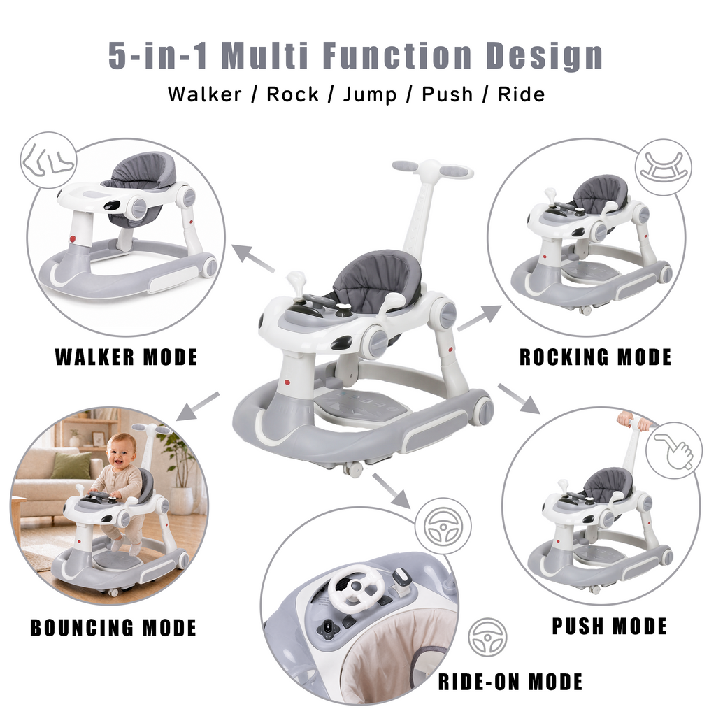 PRVAETU 5 in 1 Baby Walker for Boys Girls,Foldable,Music,Light,Jumper,Rocking,Push,Height Adjustable Training Activity for Babies Infant 6-18 Months
