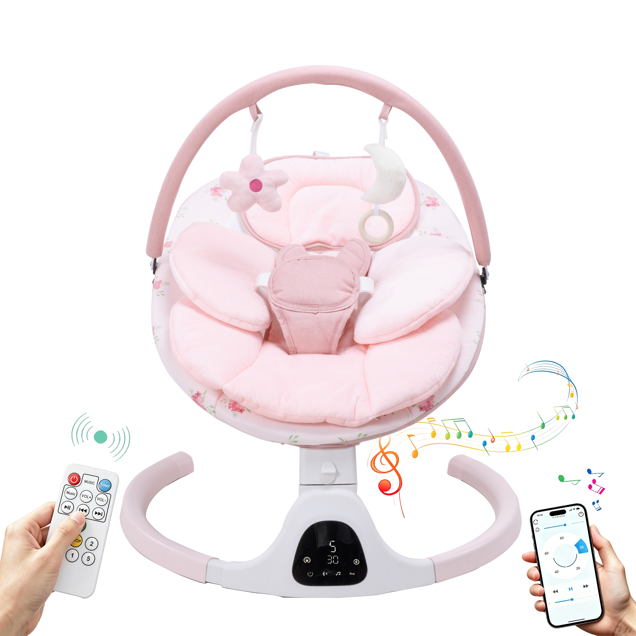 PRVAETU Baby Swing for Infants,5 Speeds,10 Lullabies,5-Point Harness,Electric Rocking Chair for Toddlers with Bluetooth,Remote Control,Touch Panel