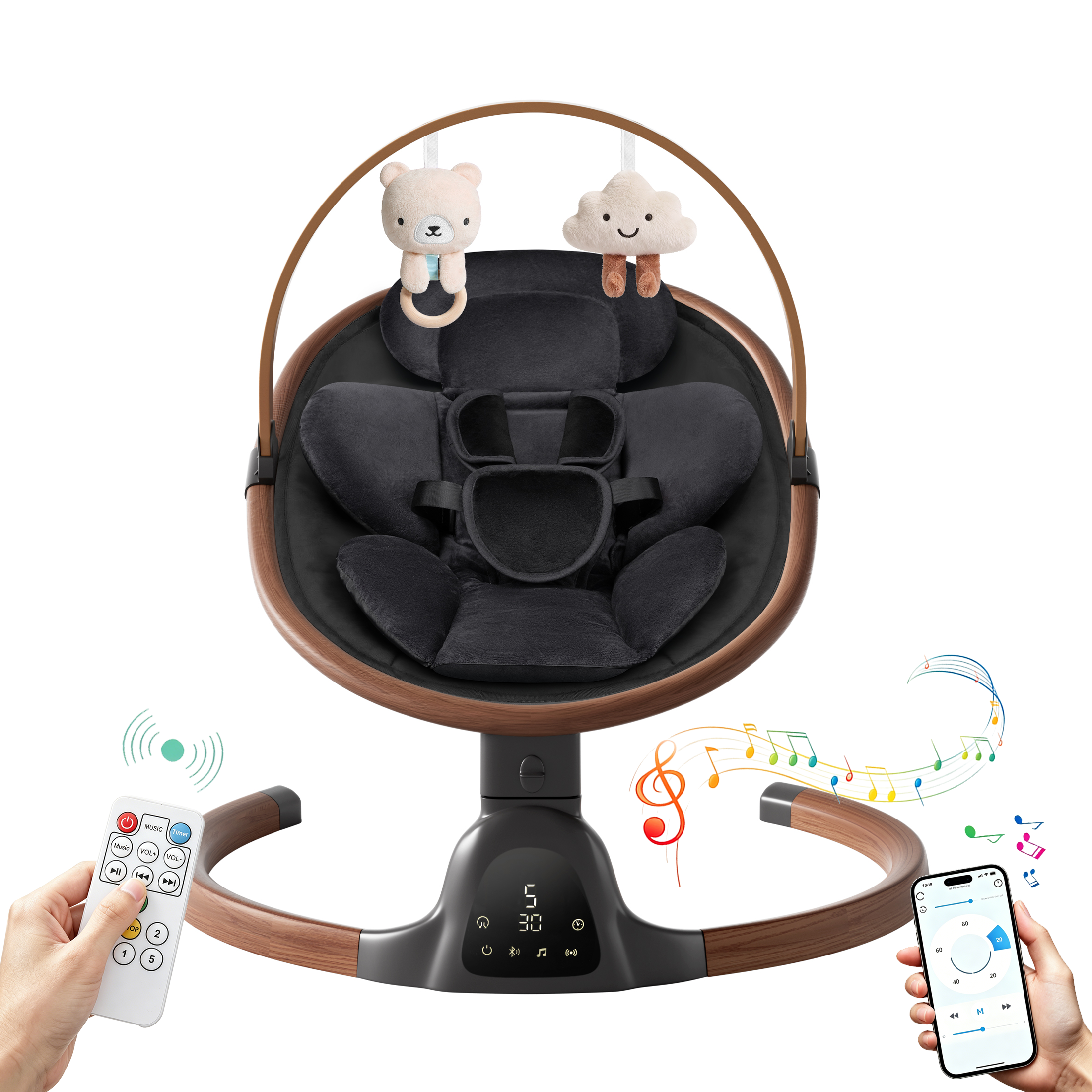 PRVAETU Baby Swing for Infants,5 Speeds,10 Lullabies,5-Point Harness,Electric Rocking Chair for Toddlers with Bluetooth,Remote Control,Touch Panel
