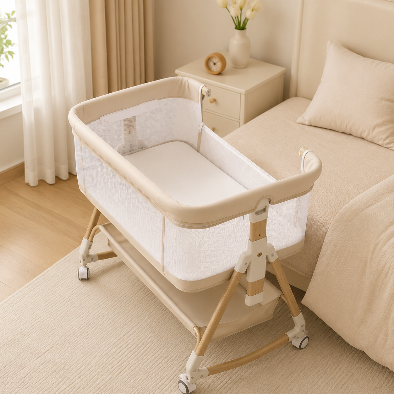 PRVAETU Baby Bassinet, 3-in-1 Baby Bassinet Bedside Sleeper with Wheels, Adjustable Easy Folding Portable Rocking Crib for Infant Newborn (Khaki)