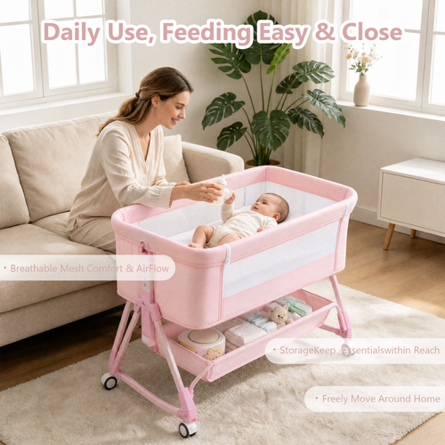 605 Pink Baby Bassinet, Bedside Crib with Wheel,Mattress,Storage ,Storage Basket,Breathable Mesh, Adjustable, Folding Portable Bed for Infant Newborn,Pink