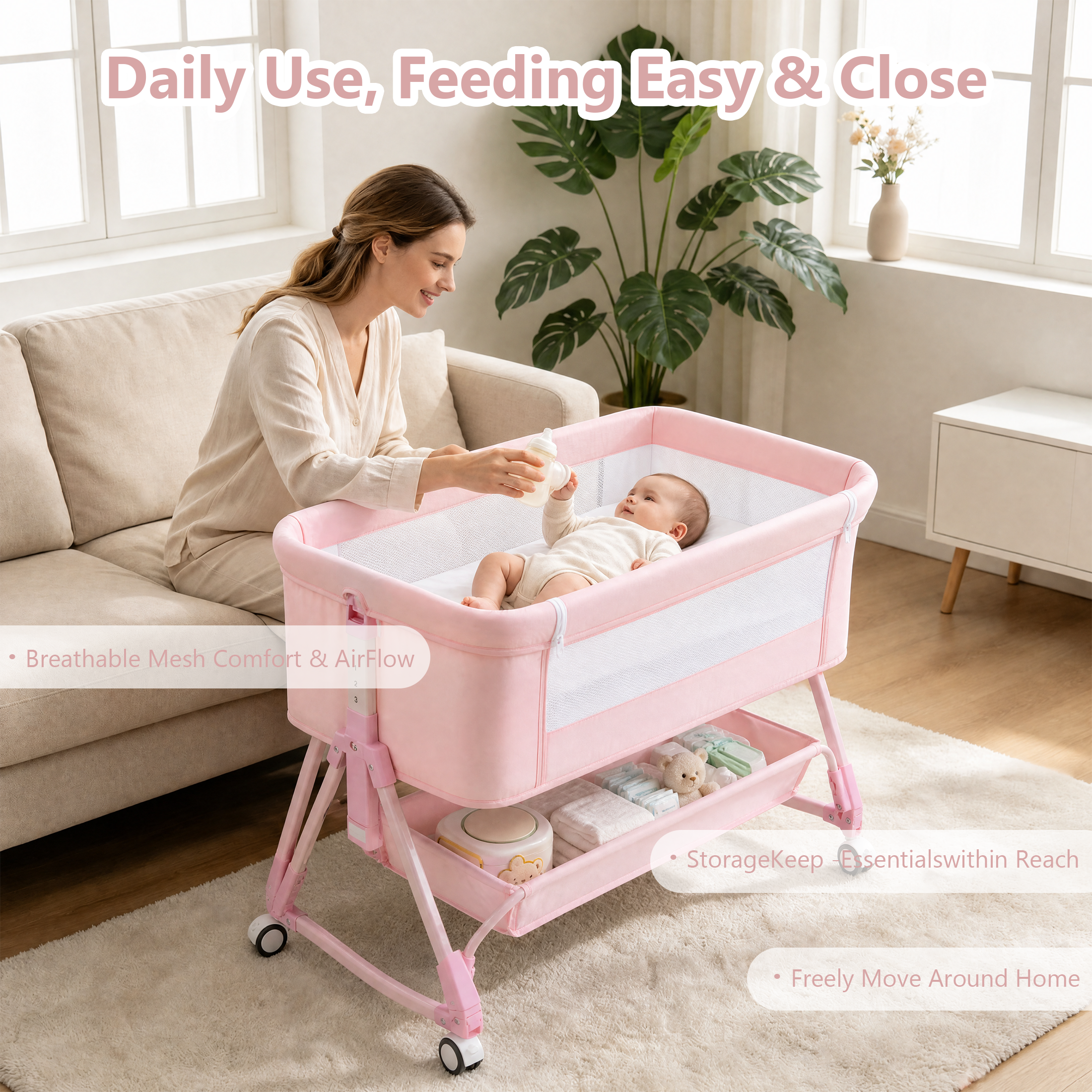 605 Pink Baby Bassinet, Bedside Crib with Wheel,Mattress,Storage ,Storage Basket,Breathable Mesh, Adjustable, Folding Portable Bed for Infant Newborn,Pink