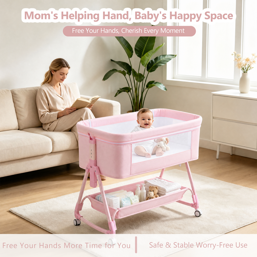605 Pink Baby Bassinet, Bedside Crib with Wheel,Mattress,Storage ,Storage Basket,Breathable Mesh, Adjustable, Folding Portable Bed for Infant Newborn,Pink