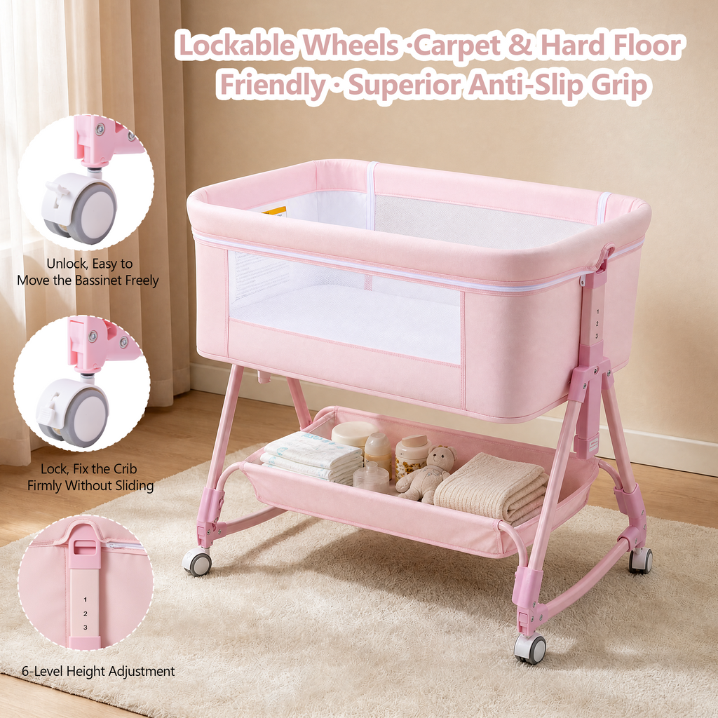 605 Pink Baby Bassinet, Bedside Crib with Wheel,Mattress,Storage ,Storage Basket,Breathable Mesh, Adjustable, Folding Portable Bed for Infant Newborn,Pink