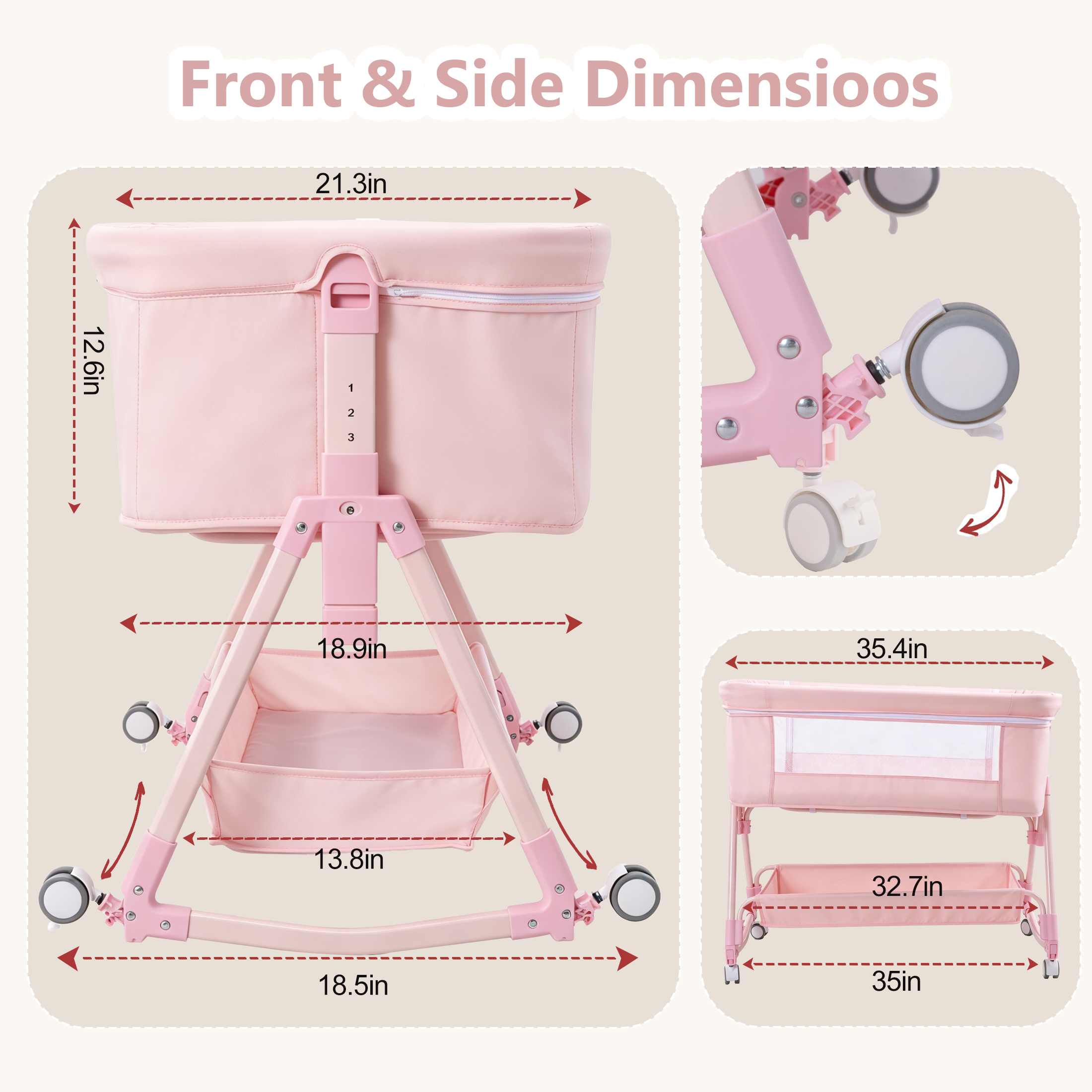 605 Pink Baby Bassinet, Bedside Crib with Wheel,Mattress,Storage ,Storage Basket,Breathable Mesh, Adjustable, Folding Portable Bed for Infant Newborn,Pink