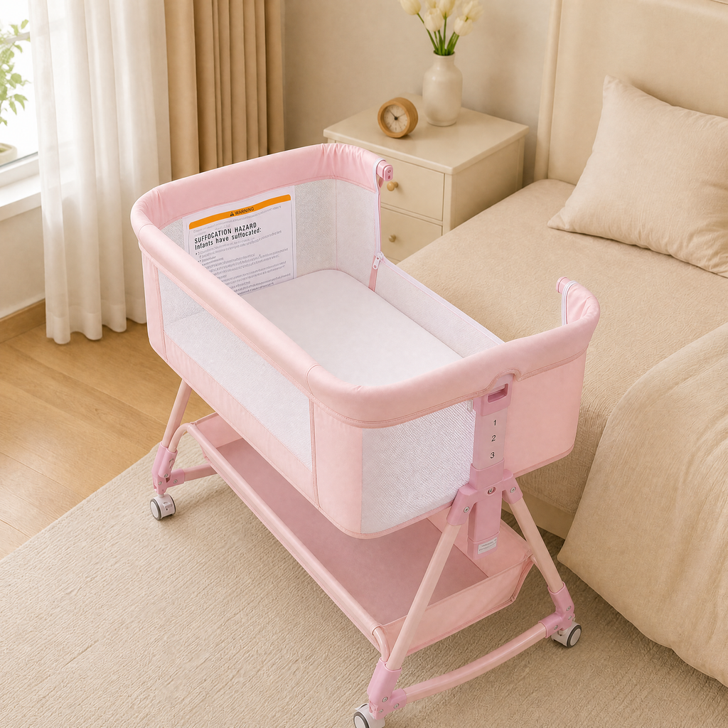 605 Pink Baby Bassinet, Bedside Crib with Wheel,Mattress,Storage ,Storage Basket,Breathable Mesh, Adjustable, Folding Portable Bed for Infant Newborn,Pink