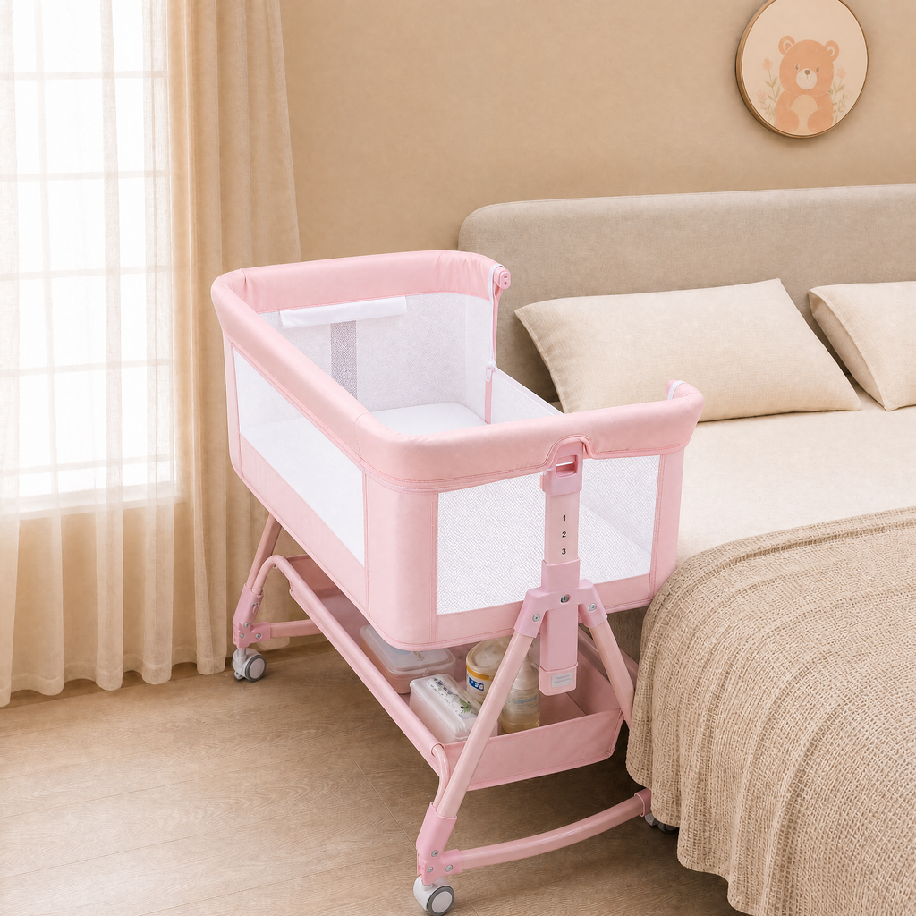 605 Pink Baby Bassinet, Bedside Crib with Wheel,Mattress,Storage ,Storage Basket,Breathable Mesh, Adjustable, Folding Portable Bed for Infant Newborn,Pink