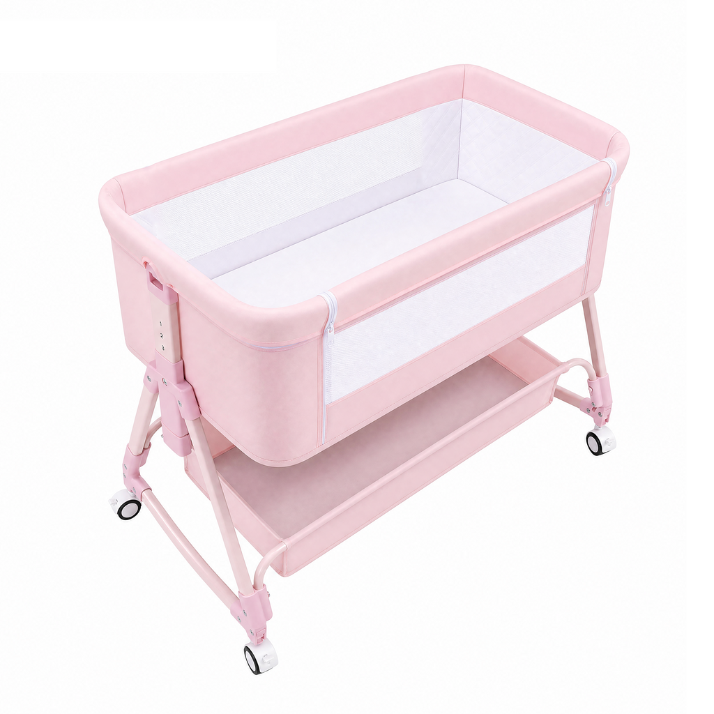 605 Pink Baby Bassinet, Bedside Crib with Wheel,Mattress,Storage ,Storage Basket,Breathable Mesh, Adjustable, Folding Portable Bed for Infant Newborn,Pink
