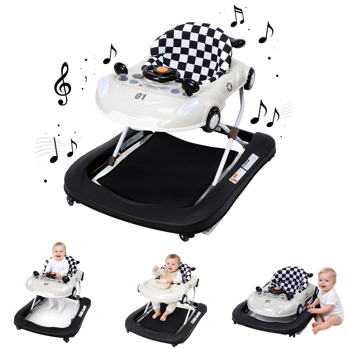 PRVAETU 5 in 1 Baby Walker Car-Shaped with Music,Lights,Foldable,Jumper,Rocking,Removable Plate for Infant Boys 6-18 Months