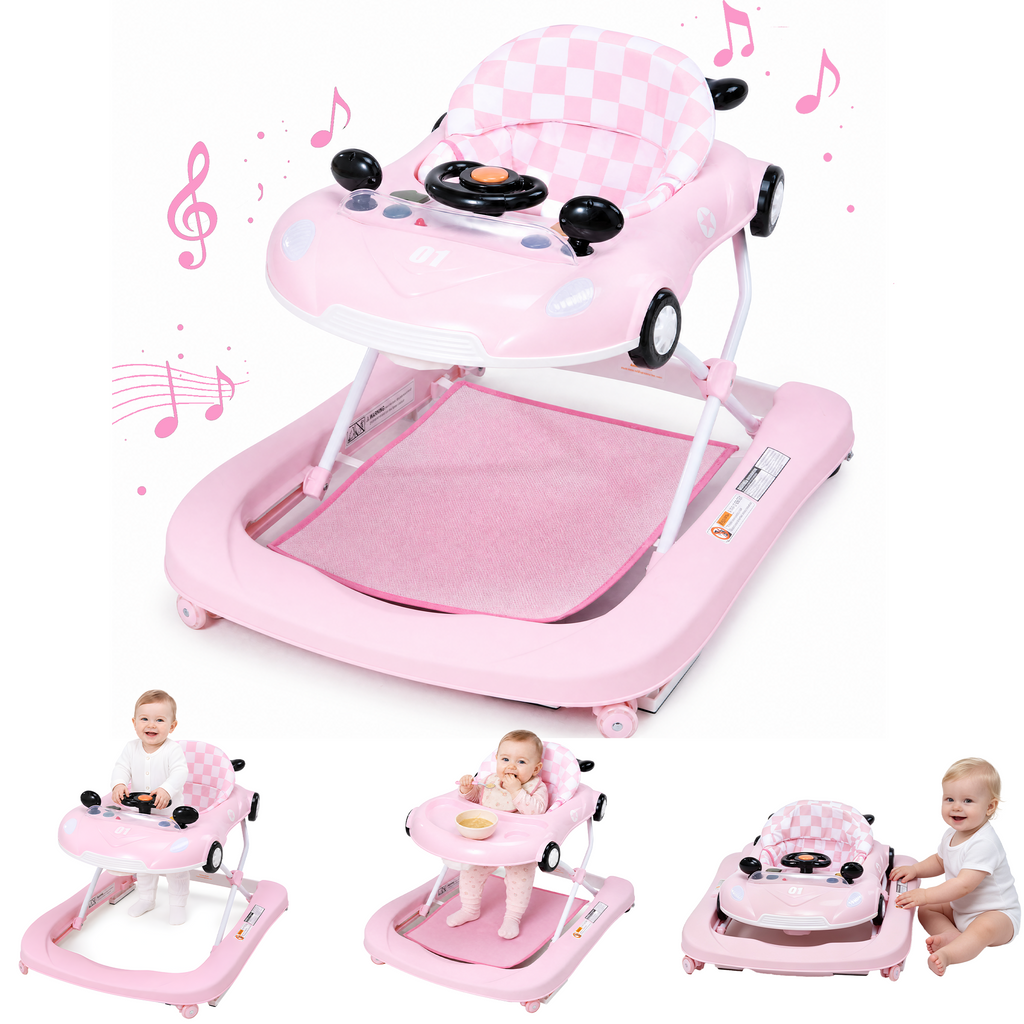 PRVAETU 5 in 1 Baby Walker Car-Shaped with Music,Lights,Foldable,Jumper,Rocking,Removable Plate for Infant Boys 6-18 Months