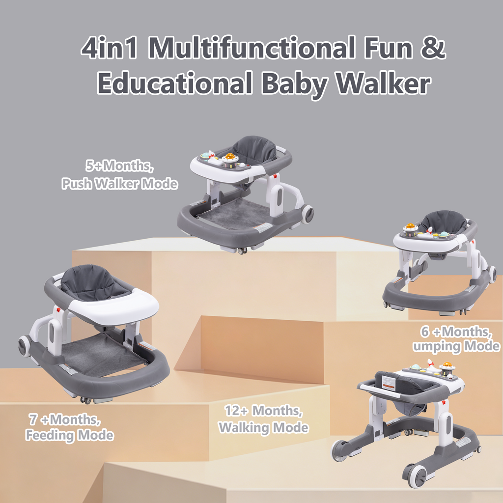 4-in-1 Baby Walker with Wheels, Adjustable Height, Music and Light for Girls Boys Infant 6-18 Months