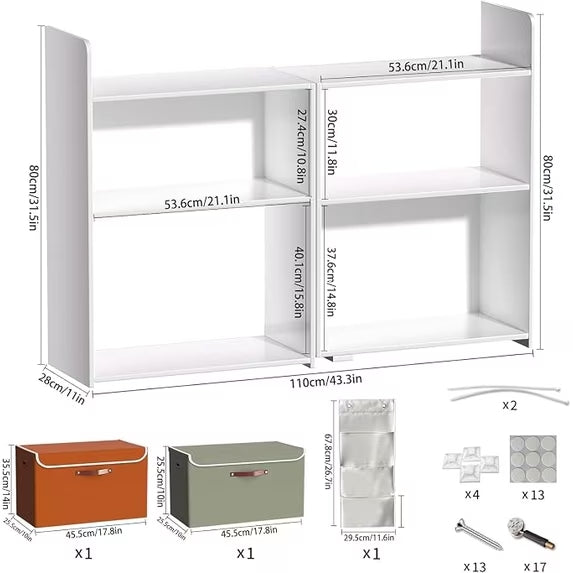 PRVAETU 4 Cube Storage Organizer, 32inch Wooden Extendable Book Shelf DIY Bookcase with 2 pcs Storage Cabinet and Side Pockets, Open Storage Cabinet for Living Room, Bedroom, Home, Office