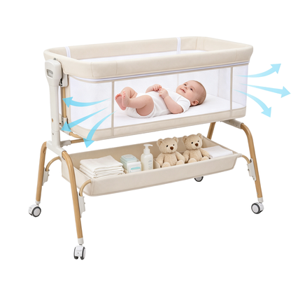 PRVATEU 4-in-1 Baby Bassinet Bedside Sleeper with Rocking Mode,8 Adjustable Heights,Wheels and Storage Basket,Beige
