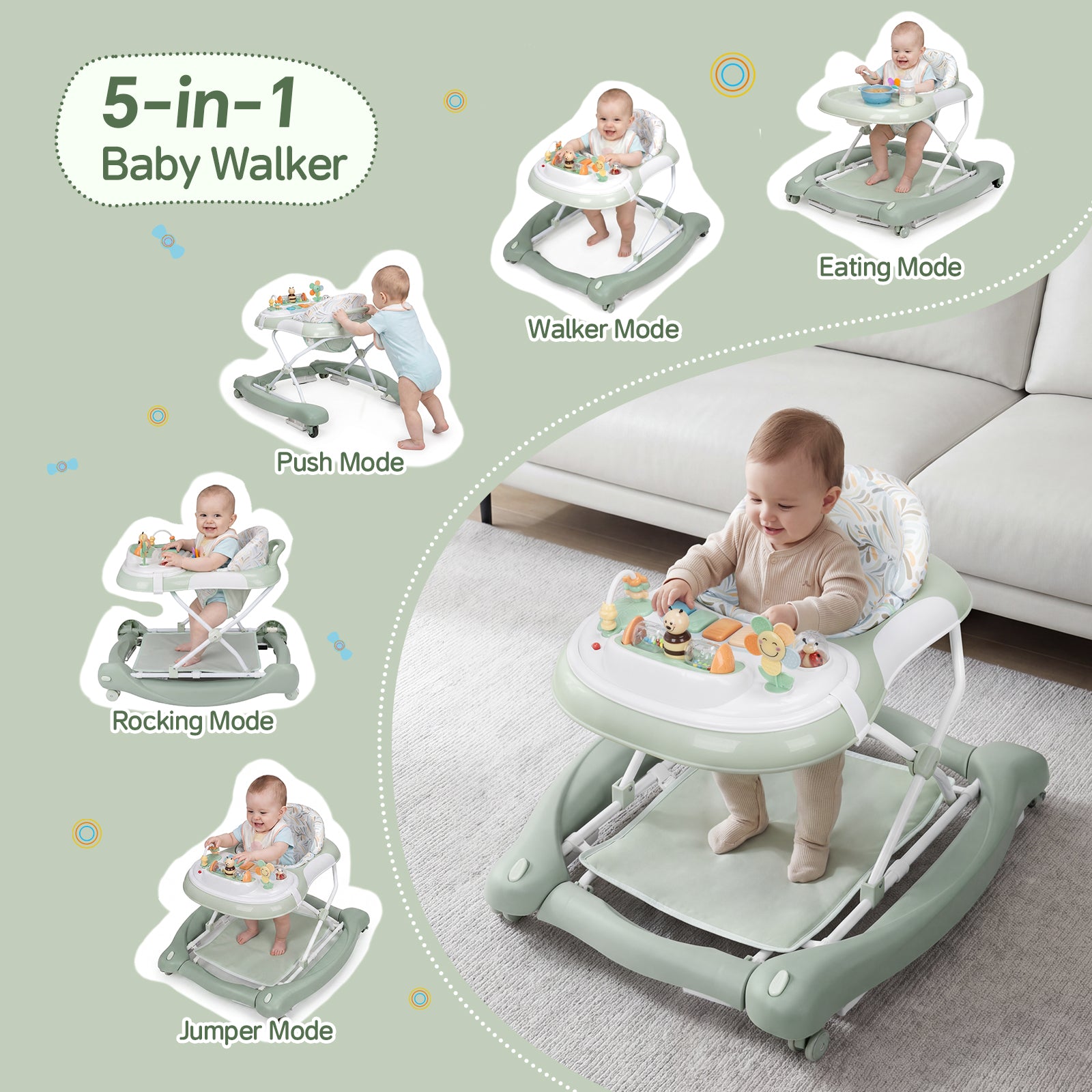 SH-PRVAETU 5 in 1 Baby Walker,Jumper,Rocking,Push,Eating Mode for Boys Girls,Foldable,Music & Light,Height Adjustable,Wheel for Infant,
