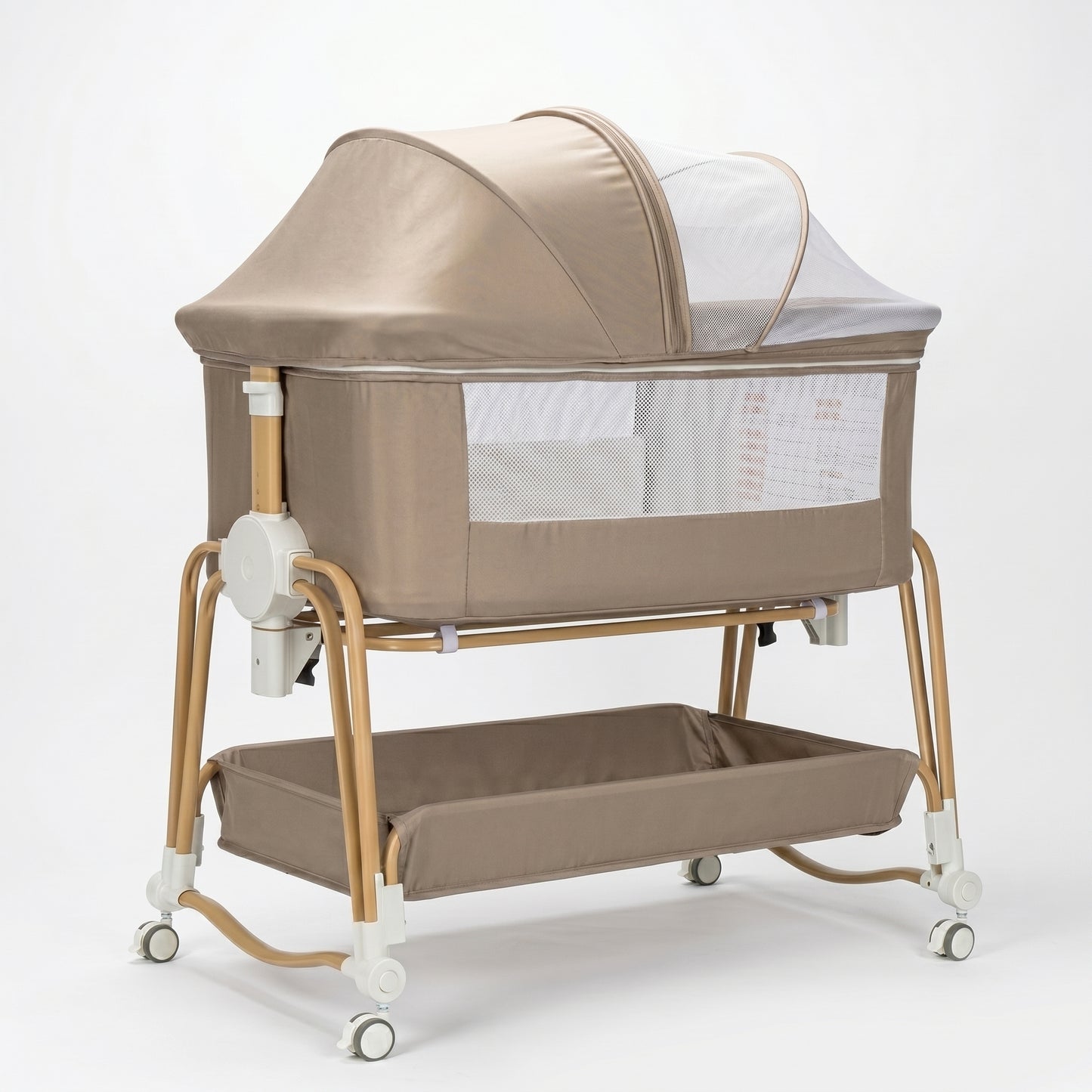Baby Bassinet, Bedside Bassinet for Baby, Bassinet Bedside Sleeper with Mattress, Storage Basket and 4 Auto-Lock Wheels, Full-Mesh Sides, Bedside Mini Crib for Newborn (Beige)