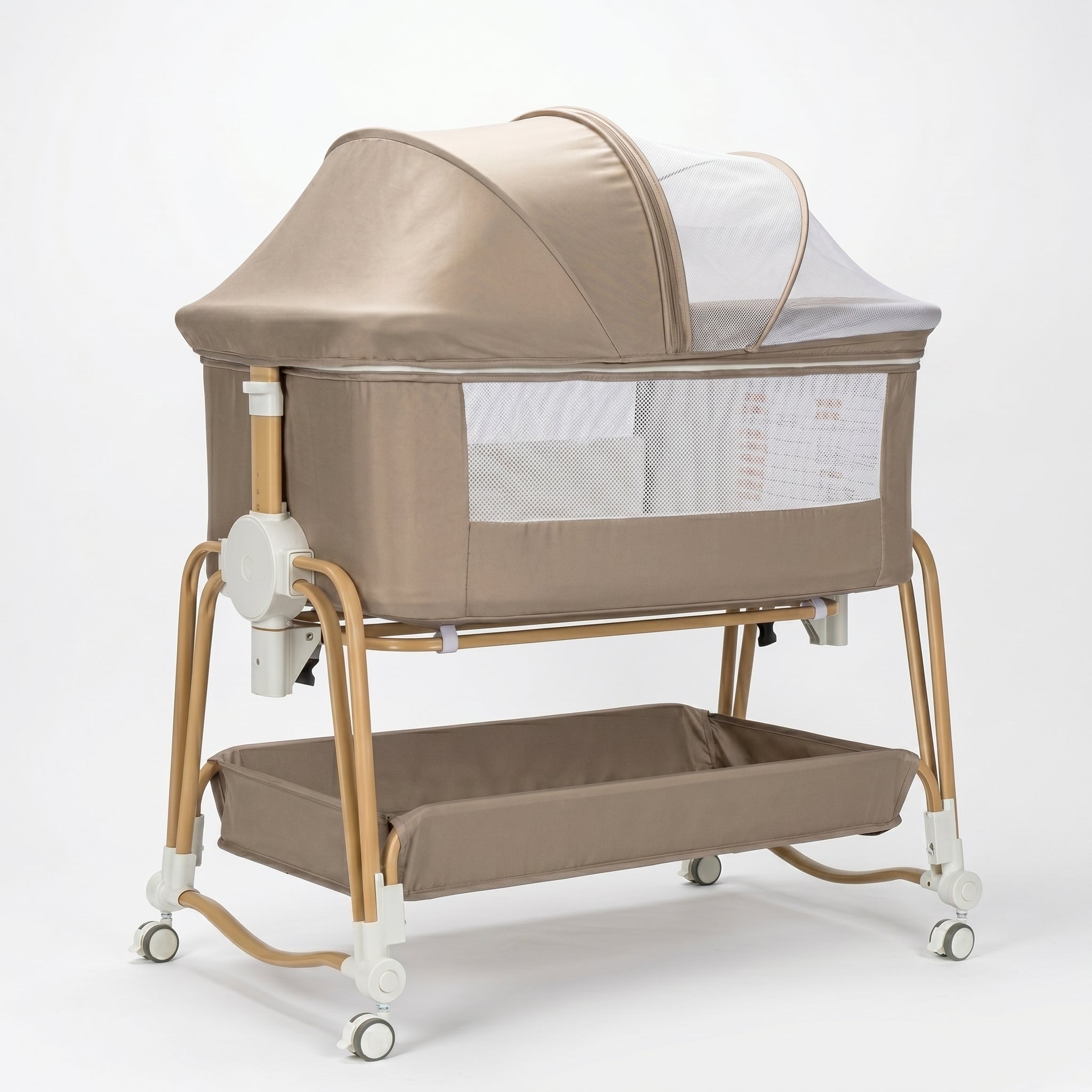 Baby Bassinet, Bedside Bassinet for Baby, Bassinet Bedside Sleeper with Mattress, Storage Basket and 4 Auto-Lock Wheels, Full-Mesh Sides, Bedside Mini Crib for Newborn (Beige)