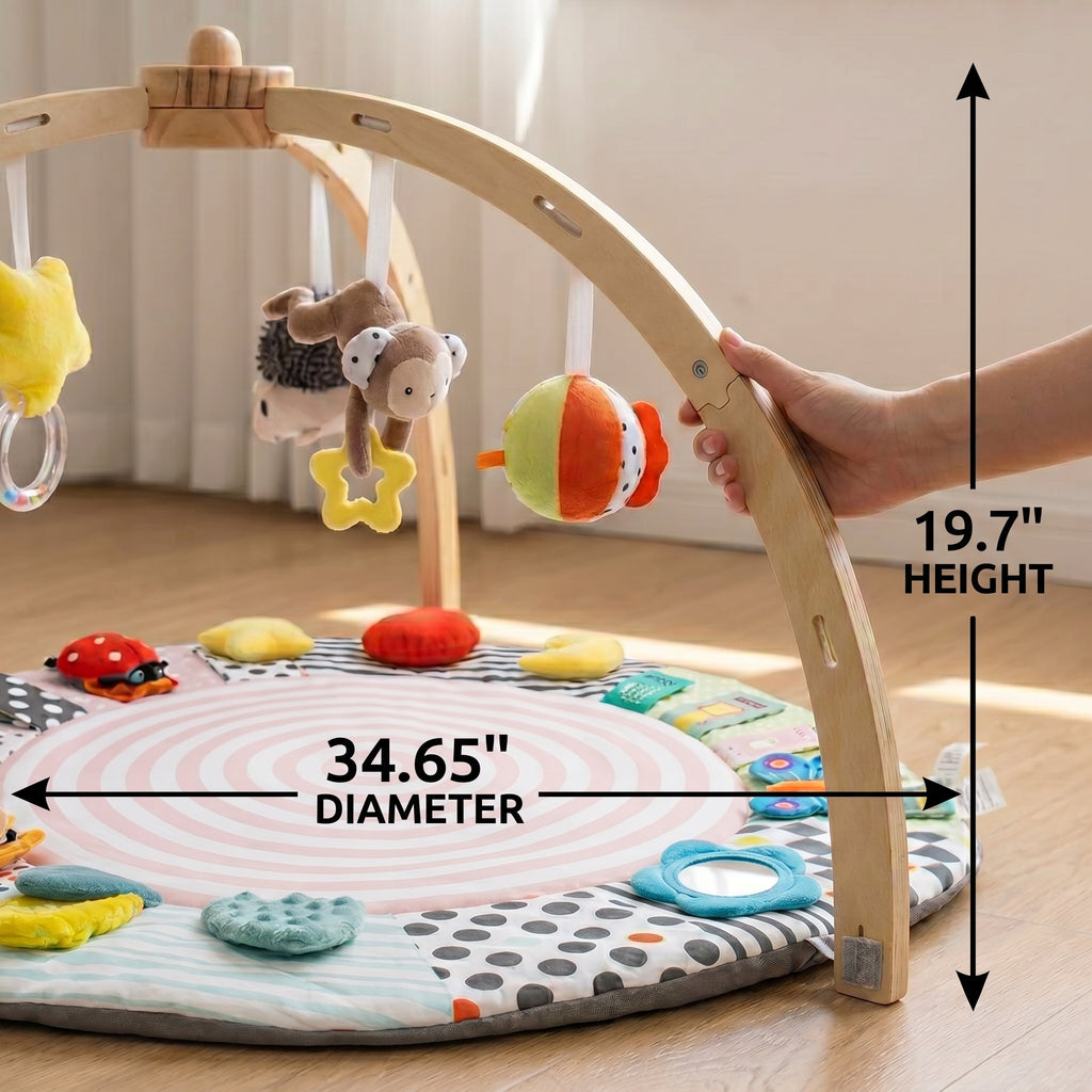 SY-Baby Play Mat with Wooden Play Gym and Detachable Sensory Toys for Infants, Tummy Time Activity Mat, Newborn Baby Gift