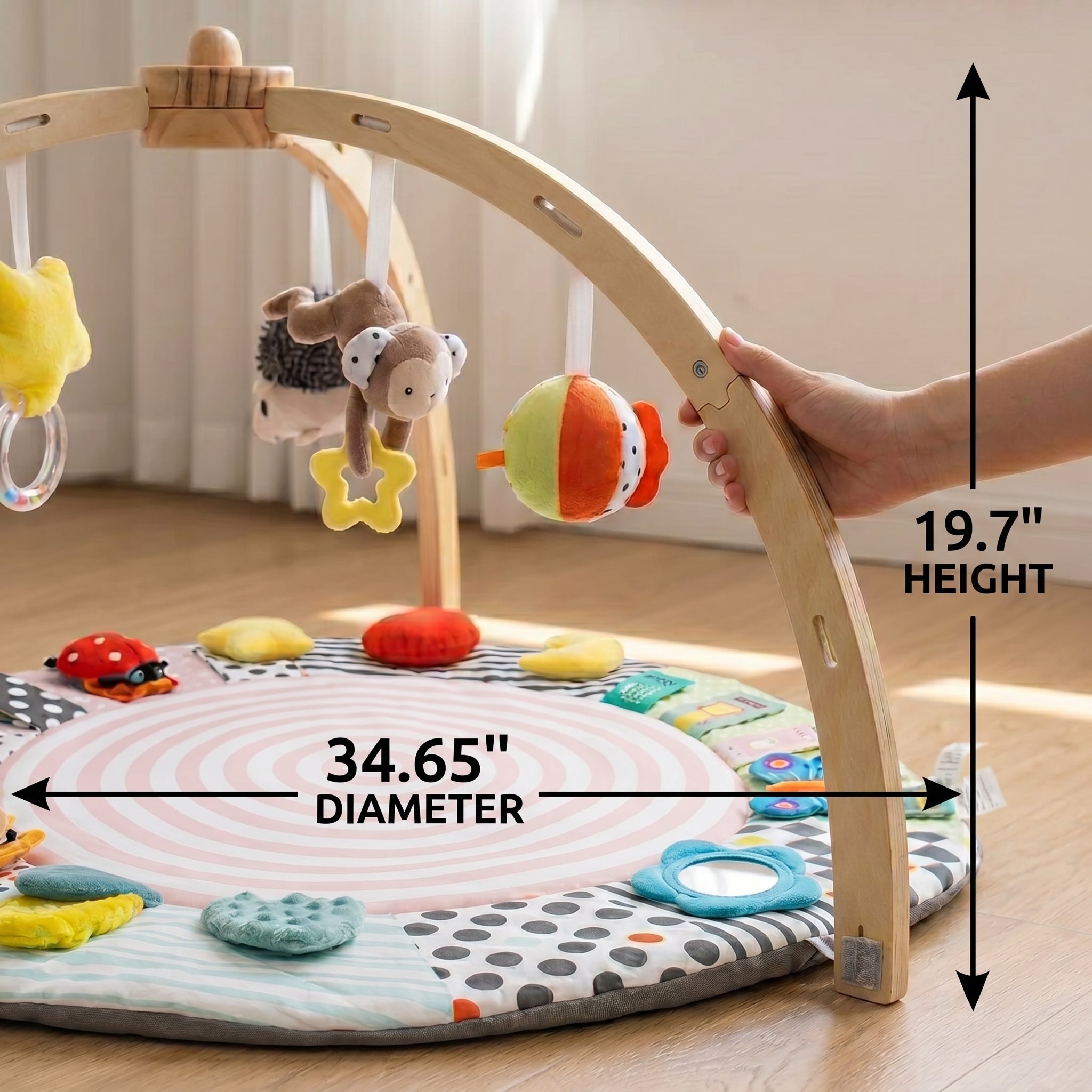 SY-Baby Play Mat with Wooden Play Gym and Detachable Sensory Toys for Infants, Tummy Time Activity Mat, Newborn Baby Gift
