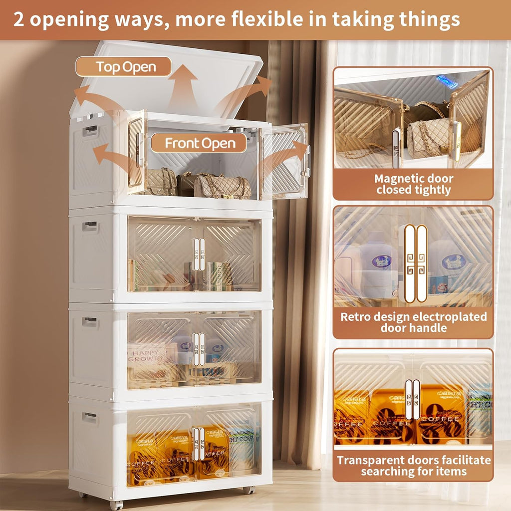 Storage Bins Storage Containers with Wheels and Magnetic Doors, Plastic Clothes Closet Organizers and Storage Box for Home and Office